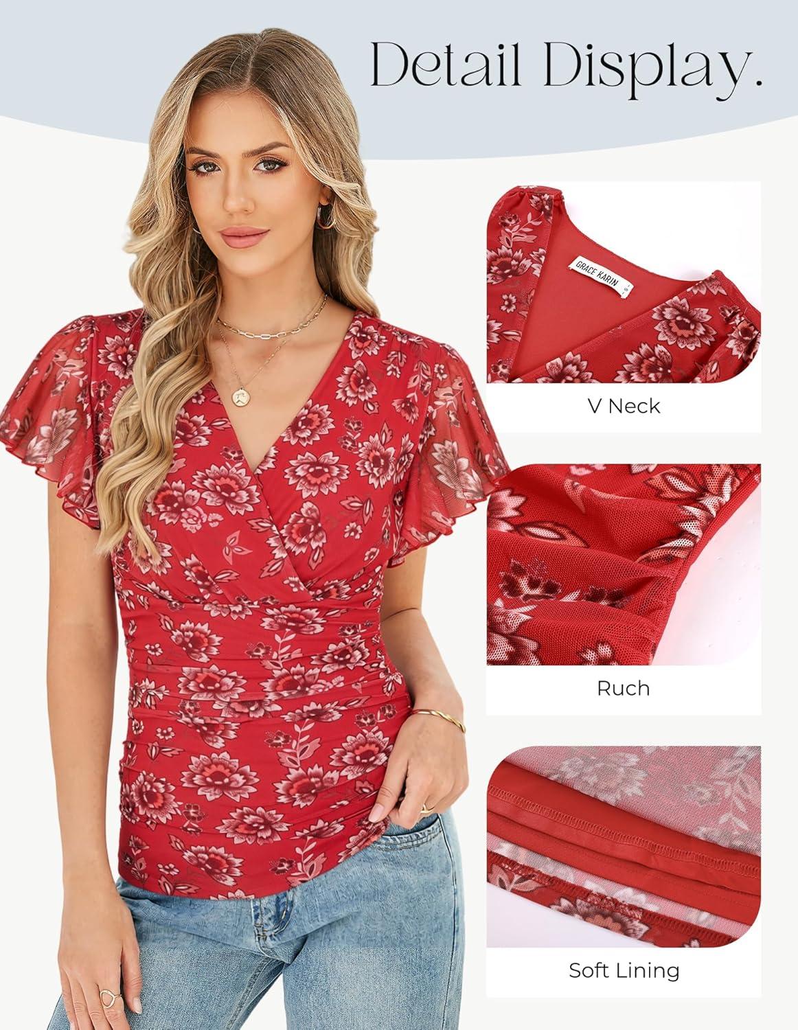 imageGRACE KARIN 2026 Womens Mesh Tops Summer Ruffle Sleeve Dressy Casual Top Floral Wrap Blouse Fashion OutfitsRed