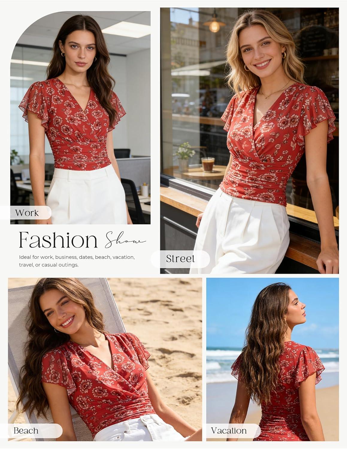 imageGRACE KARIN 2026 Womens Mesh Tops Summer Ruffle Sleeve Dressy Casual Top Floral Wrap Blouse Fashion OutfitsRed