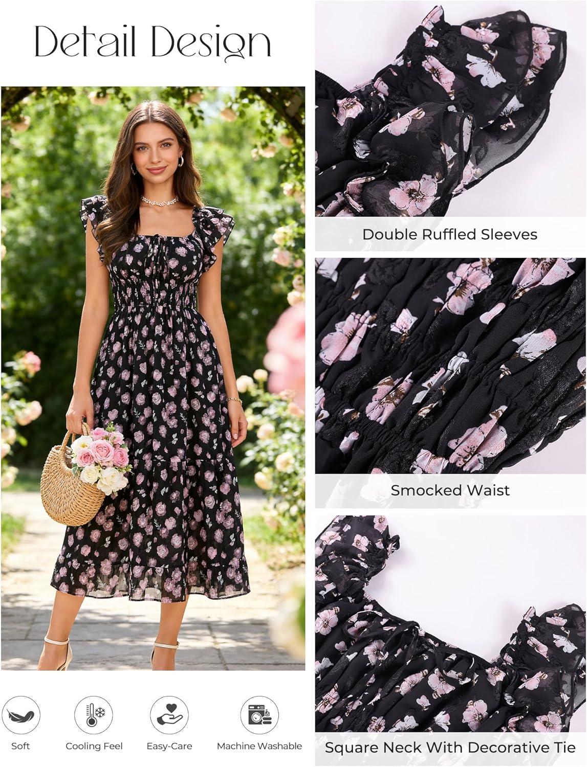 imageGRACE KARIN 2026 Womens Spring Floral Midi Dress Square Neck Beach Wedding Guest Dresses Flowy A Line Casual Summer ClothesBlack