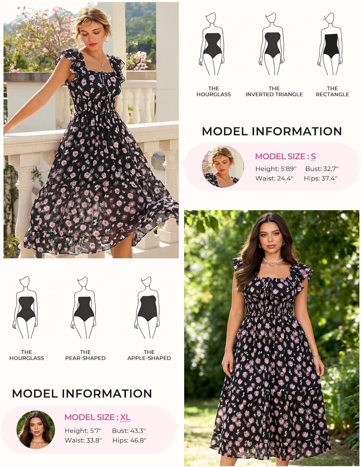 imageGRACE KARIN 2026 Womens Spring Floral Midi Dress Square Neck Beach Wedding Guest Dresses Flowy A Line Casual Summer ClothesBlack