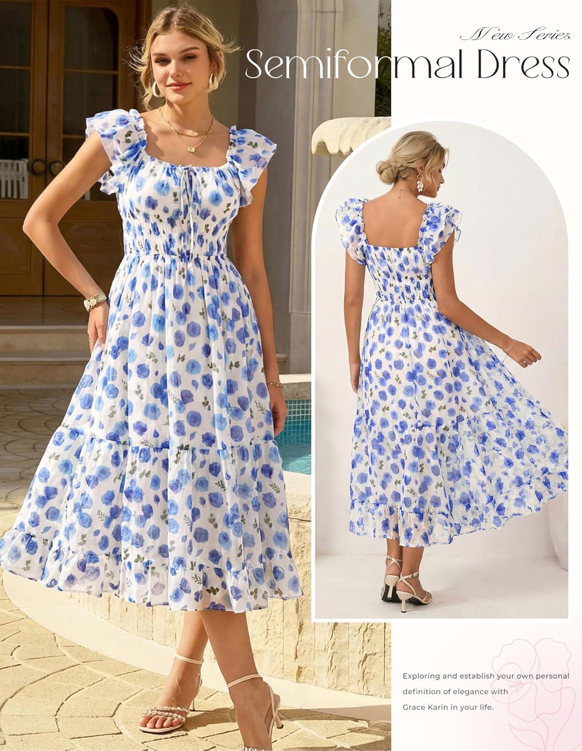 imageGRACE KARIN 2026 Womens Spring Floral Midi Dress Square Neck Beach Wedding Guest Dresses Flowy A Line Casual Summer ClothesBlue Floral