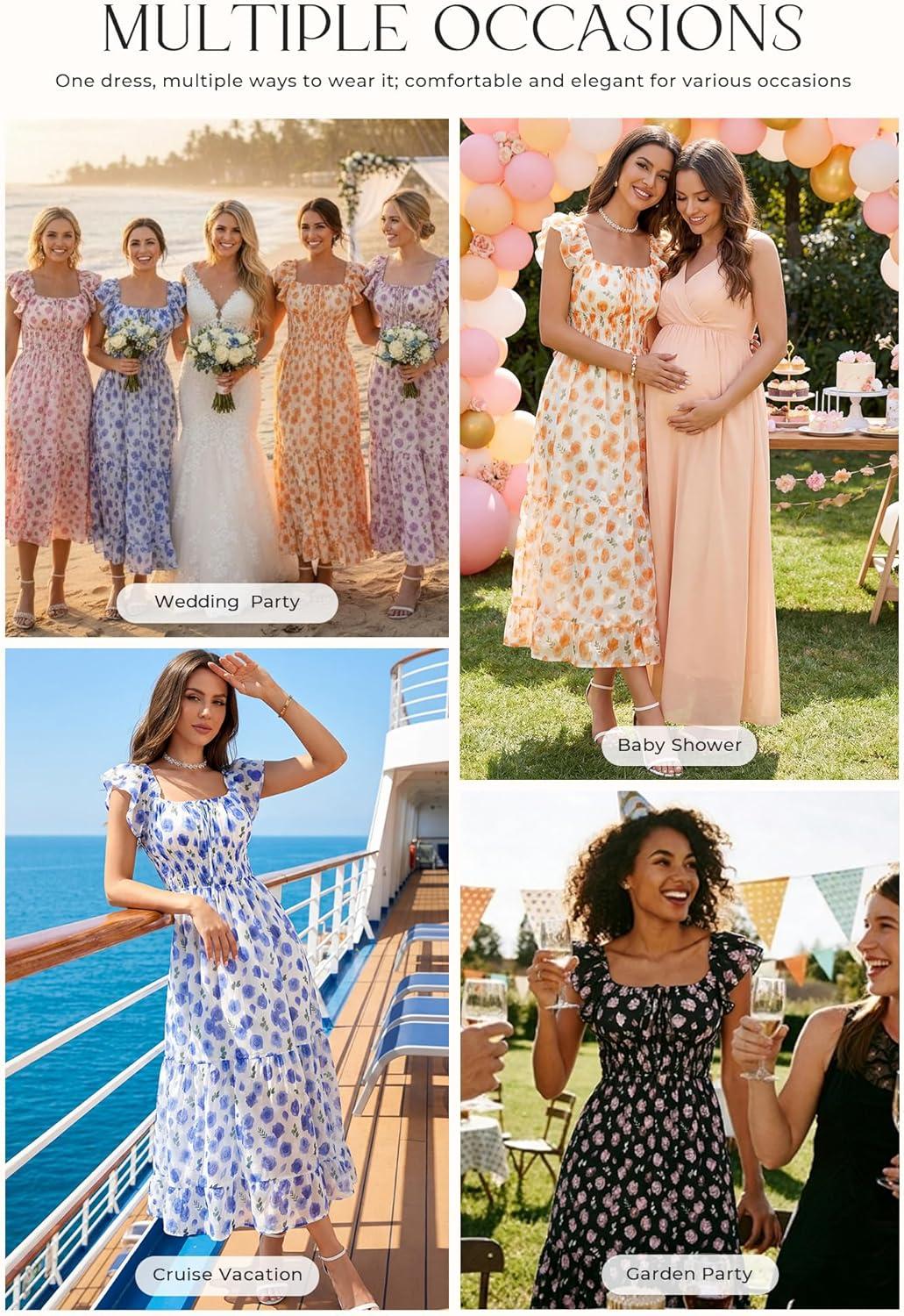 imageGRACE KARIN 2026 Womens Spring Floral Midi Dress Square Neck Beach Wedding Guest Dresses Flowy A Line Casual Summer ClothesBlue Floral