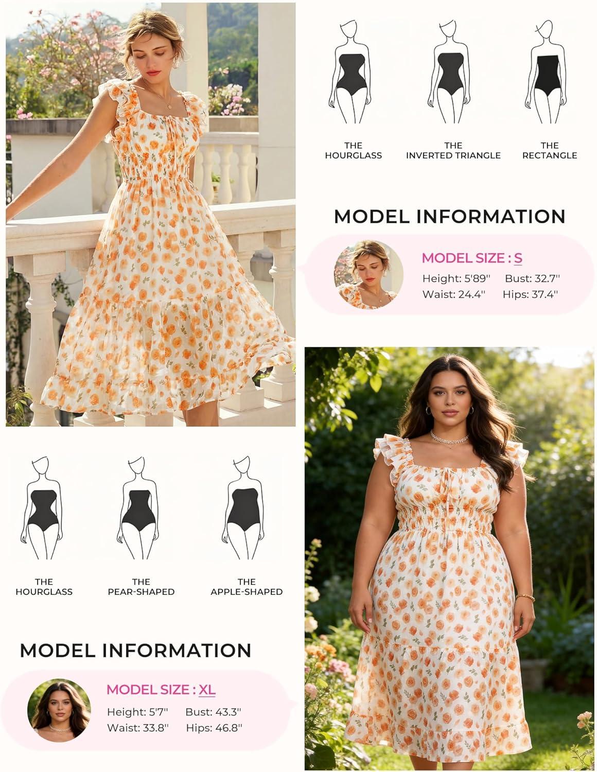 imageGRACE KARIN 2026 Womens Spring Floral Midi Dress Square Neck Beach Wedding Guest Dresses Flowy A Line Casual Summer ClothesOrange Floral