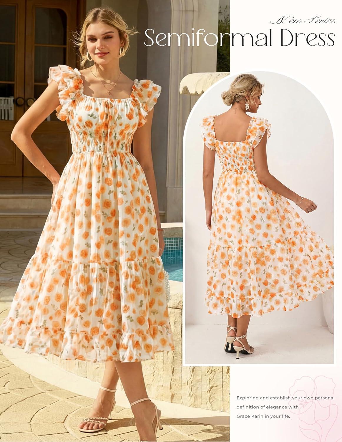 imageGRACE KARIN 2026 Womens Spring Floral Midi Dress Square Neck Beach Wedding Guest Dresses Flowy A Line Casual Summer ClothesOrange Floral