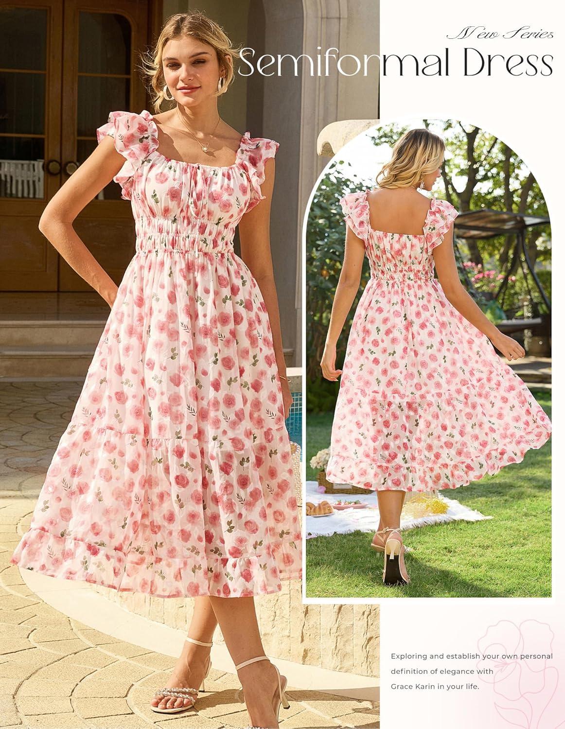 imageGRACE KARIN 2026 Womens Spring Floral Midi Dress Square Neck Beach Wedding Guest Dresses Flowy A Line Casual Summer ClothesPink Floral
