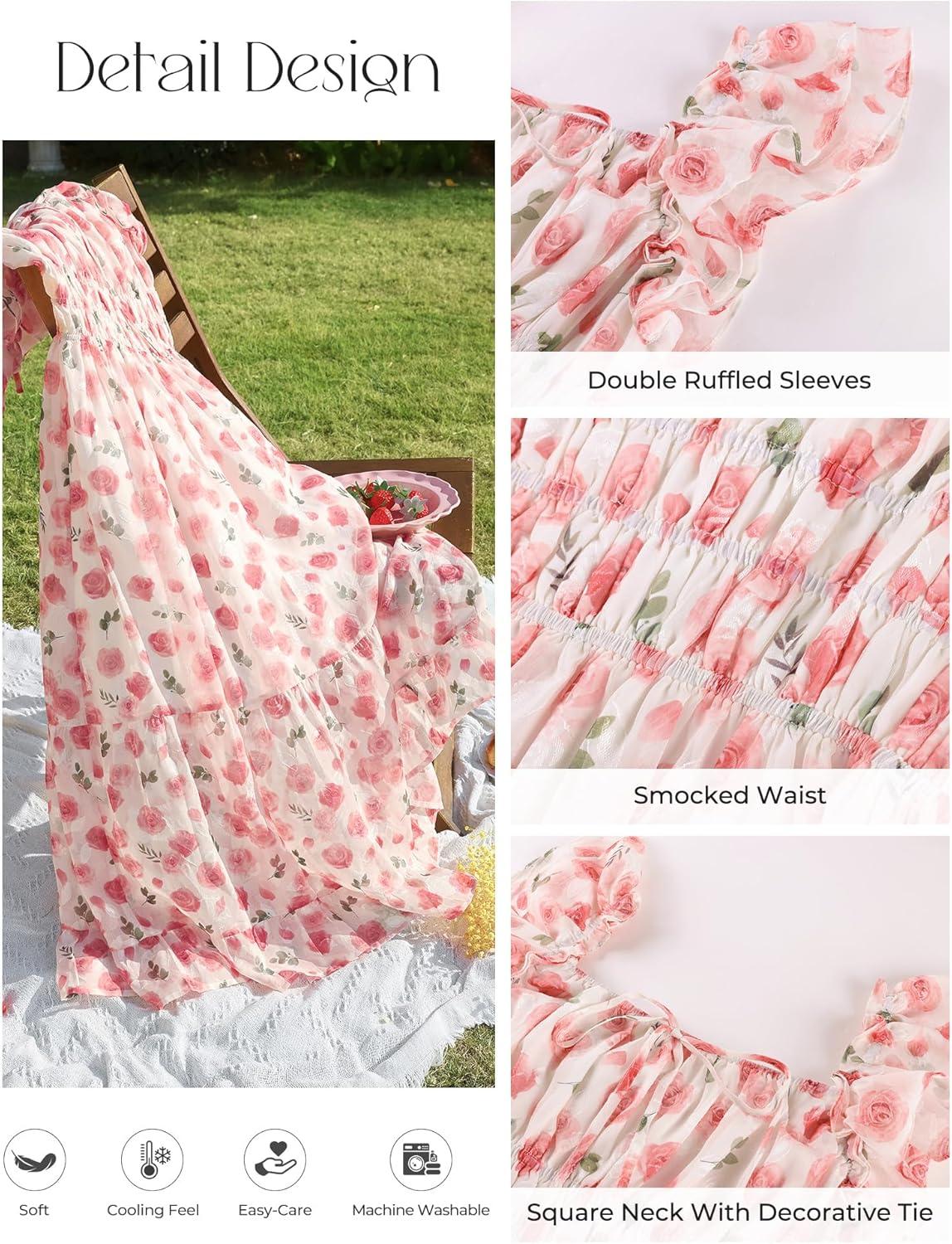 imageGRACE KARIN 2026 Womens Spring Floral Midi Dress Square Neck Beach Wedding Guest Dresses Flowy A Line Casual Summer ClothesPink Floral