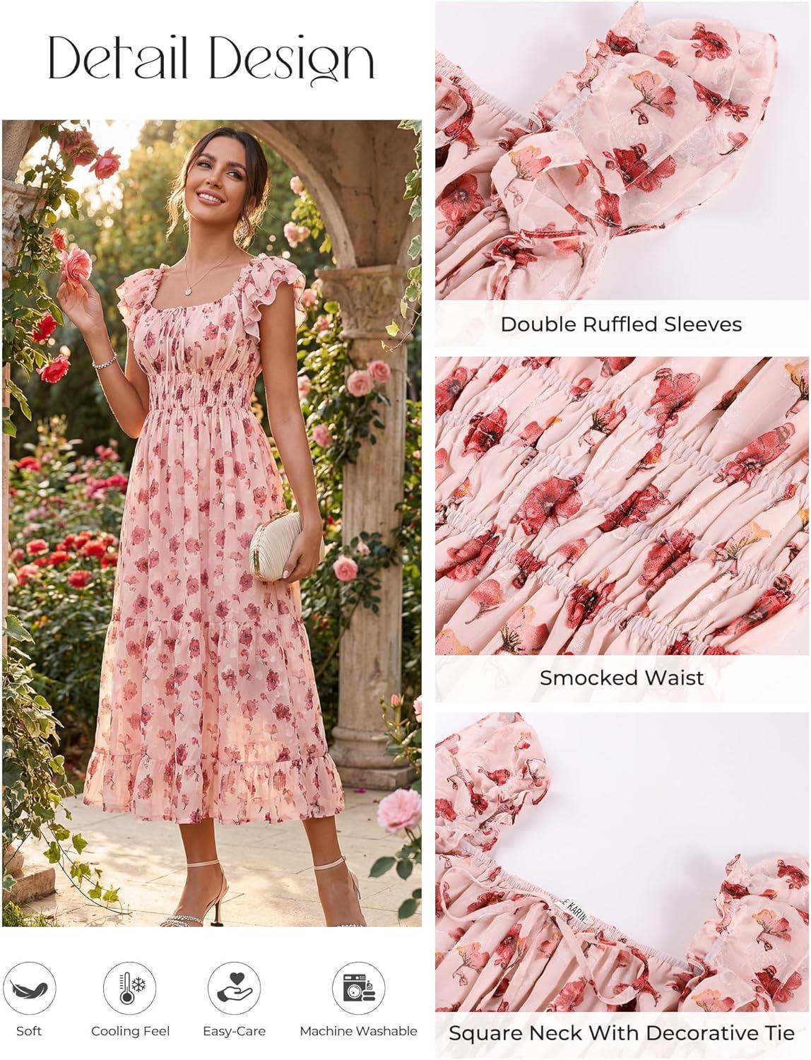 imageGRACE KARIN 2026 Womens Spring Floral Midi Dress Square Neck Beach Wedding Guest Dresses Flowy A Line Casual Summer ClothesPink Rose