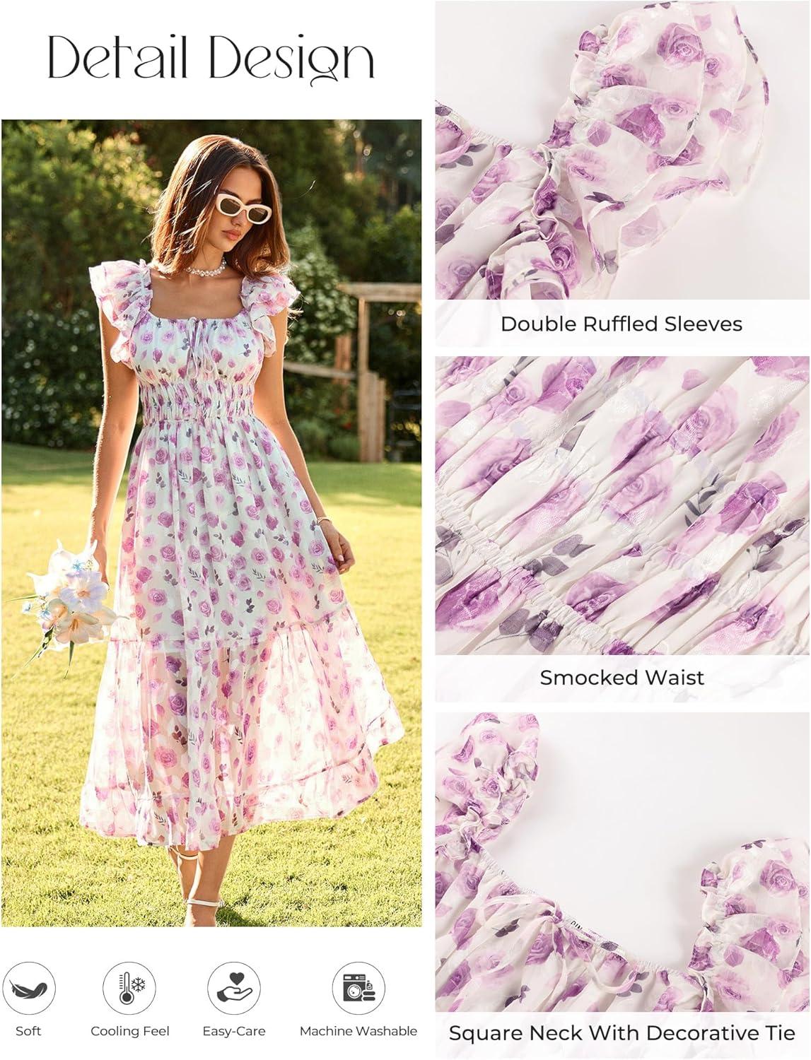 imageGRACE KARIN 2026 Womens Spring Floral Midi Dress Square Neck Beach Wedding Guest Dresses Flowy A Line Casual Summer ClothesPurple Floral