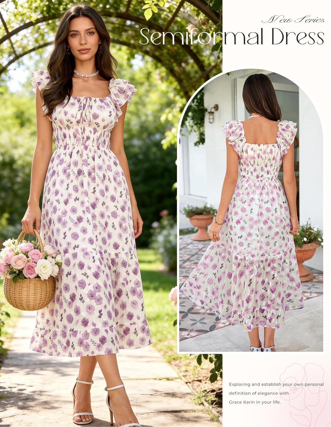 imageGRACE KARIN 2026 Womens Spring Floral Midi Dress Square Neck Beach Wedding Guest Dresses Flowy A Line Casual Summer ClothesPurple Floral