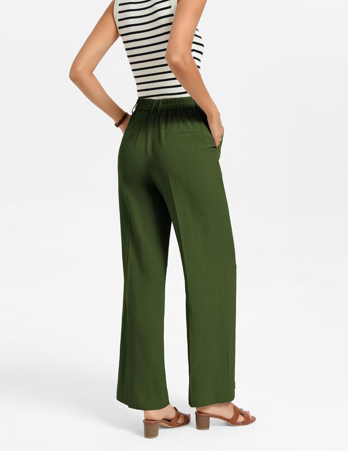 imageGRACE KARIN Linen Palazzo Pants for WomenHigh Waist Wide Leg Summer Beach Pants with PocketsArmy Green