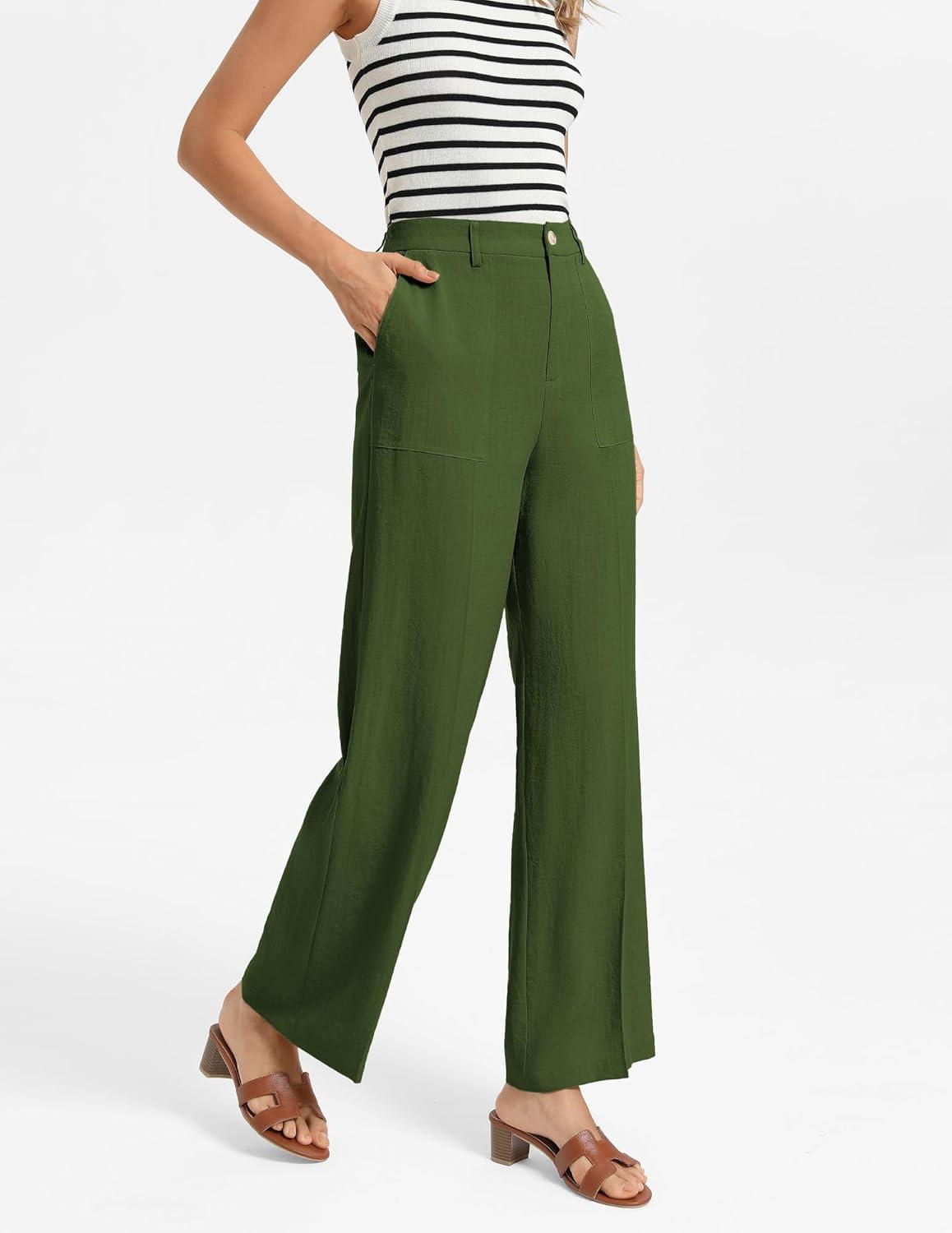 imageGRACE KARIN Linen Palazzo Pants for WomenHigh Waist Wide Leg Summer Beach Pants with PocketsArmy Green