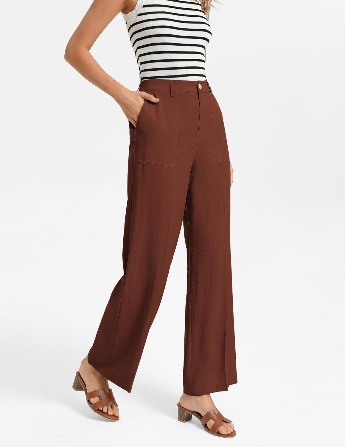 imageGRACE KARIN Linen Palazzo Pants for WomenHigh Waist Wide Leg Summer Beach Pants with PocketsRust