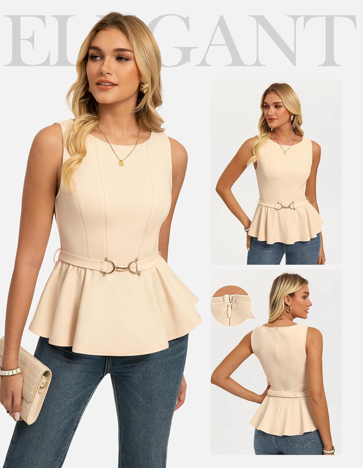 imageGRACE KARIN Peplum Tops for Women Work Blouses Business Casual DressySleeveless Spring Office Outfits with Tie Belt 2026Apricot