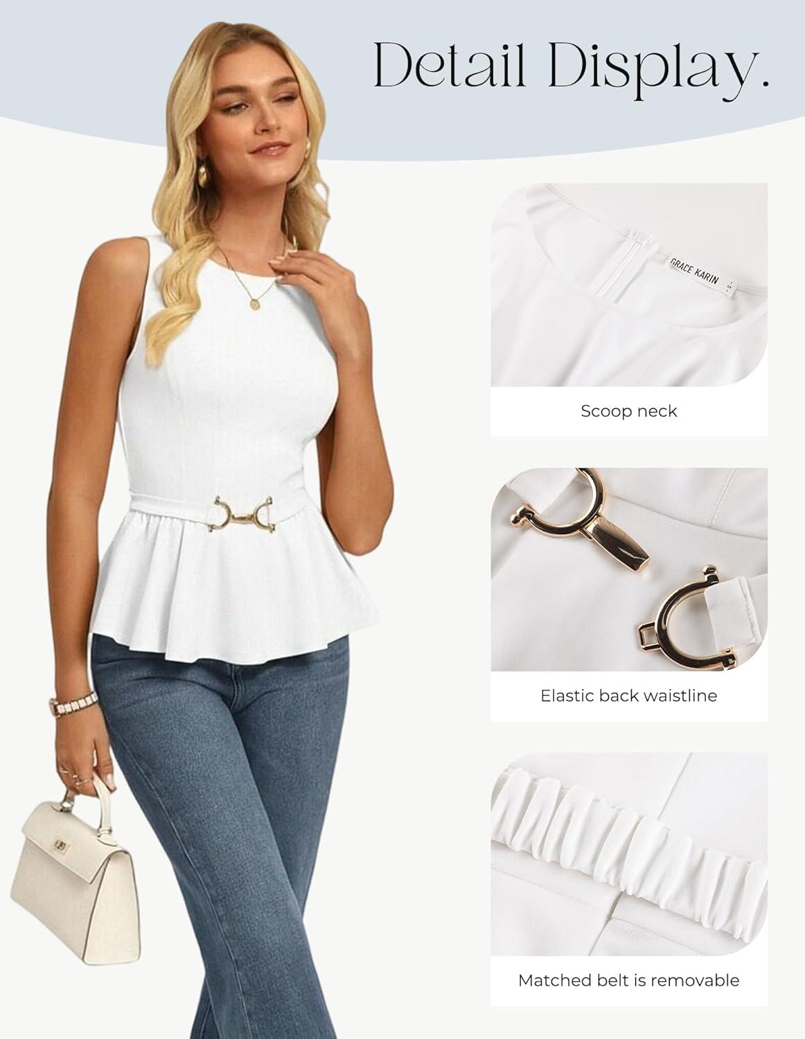 imageGRACE KARIN Peplum Tops for Women Work Blouses Business Casual DressySleeveless Spring Office Outfits with Tie Belt 2026White