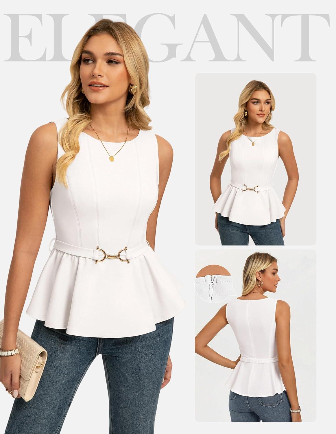 imageGRACE KARIN Peplum Tops for Women Work Blouses Business Casual DressySleeveless Spring Office Outfits with Tie Belt 2026White