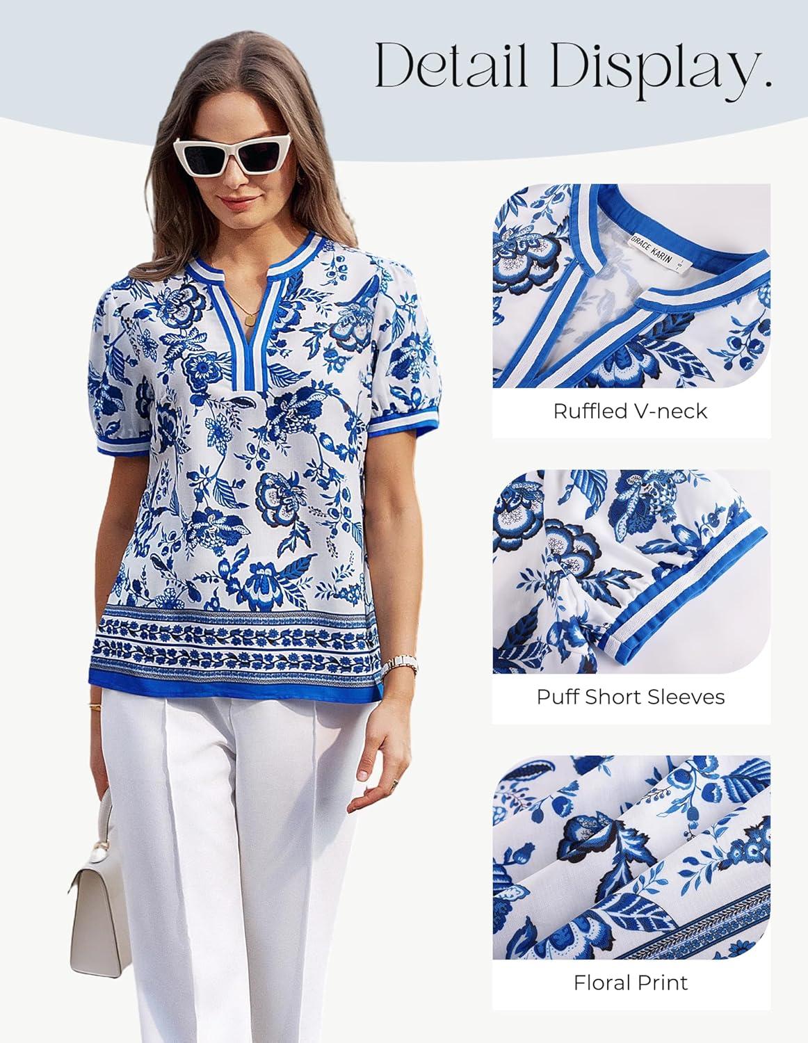 imageGRACE KARIN Women Boho Floral Tops 2026 Summer V Neck Puff Short Sleeve Dressy Casual ShirtsBlue and White Porcelain