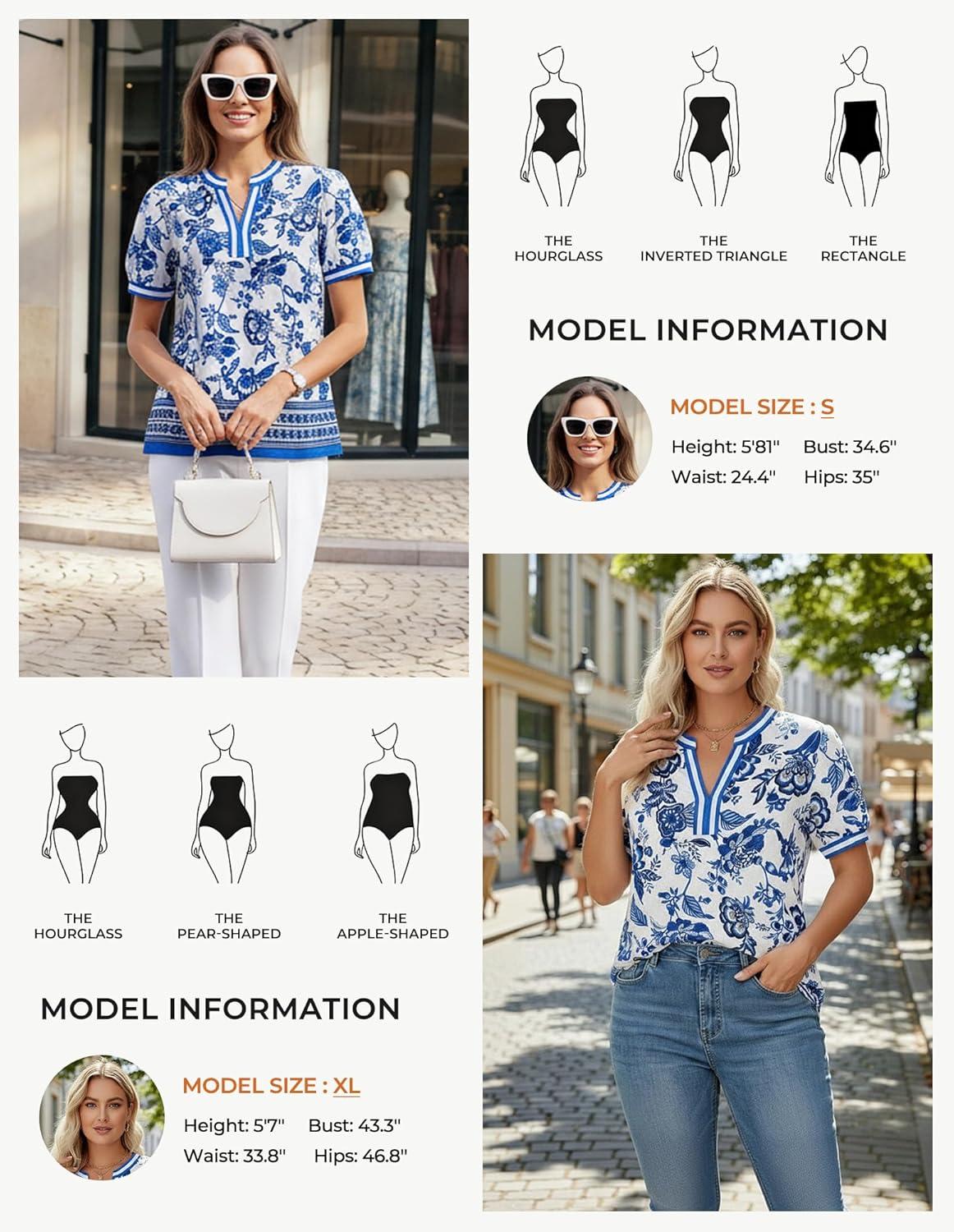 imageGRACE KARIN Women Boho Floral Tops 2026 Summer V Neck Puff Short Sleeve Dressy Casual ShirtsBlue and White Porcelain