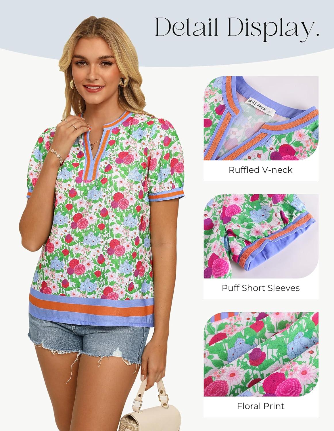 imageGRACE KARIN Women Boho Floral Tops 2026 Summer V Neck Puff Short Sleeve Dressy Casual ShirtsDaisy