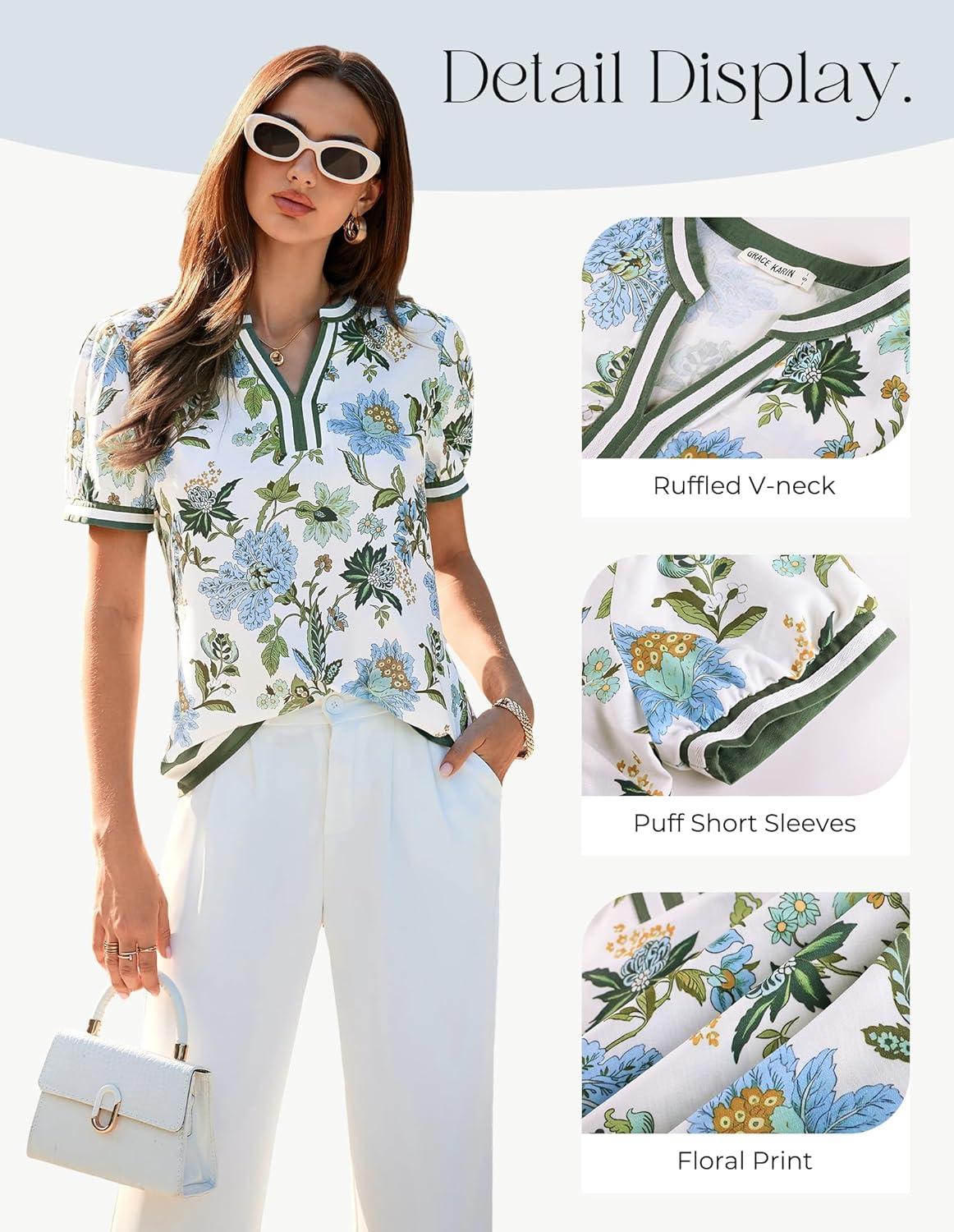 imageGRACE KARIN Women Boho Floral Tops 2026 Summer V Neck Puff Short Sleeve Dressy Casual ShirtsGreen Flower