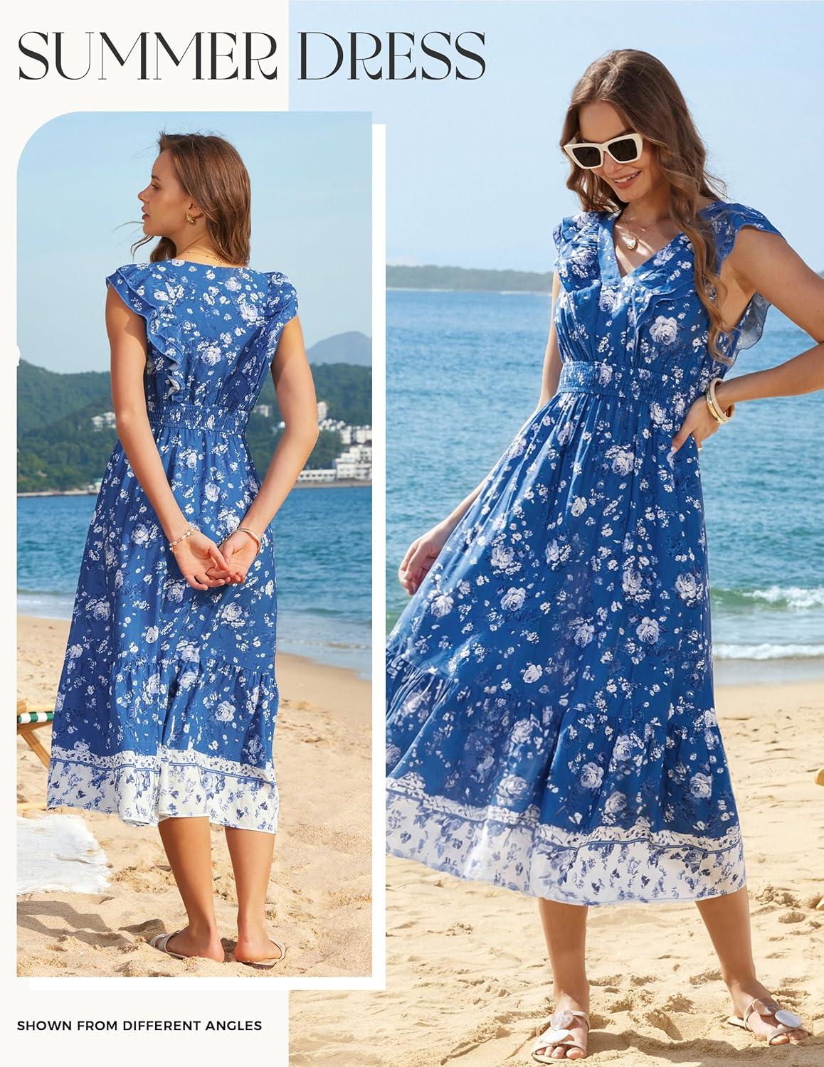 imageGRACE KARIN Womens 2026 Summer Floral Midi DressV Neck Ruffle Cap Sleeve DressesFlowy Wedding Vacation Beach DressesBlue White