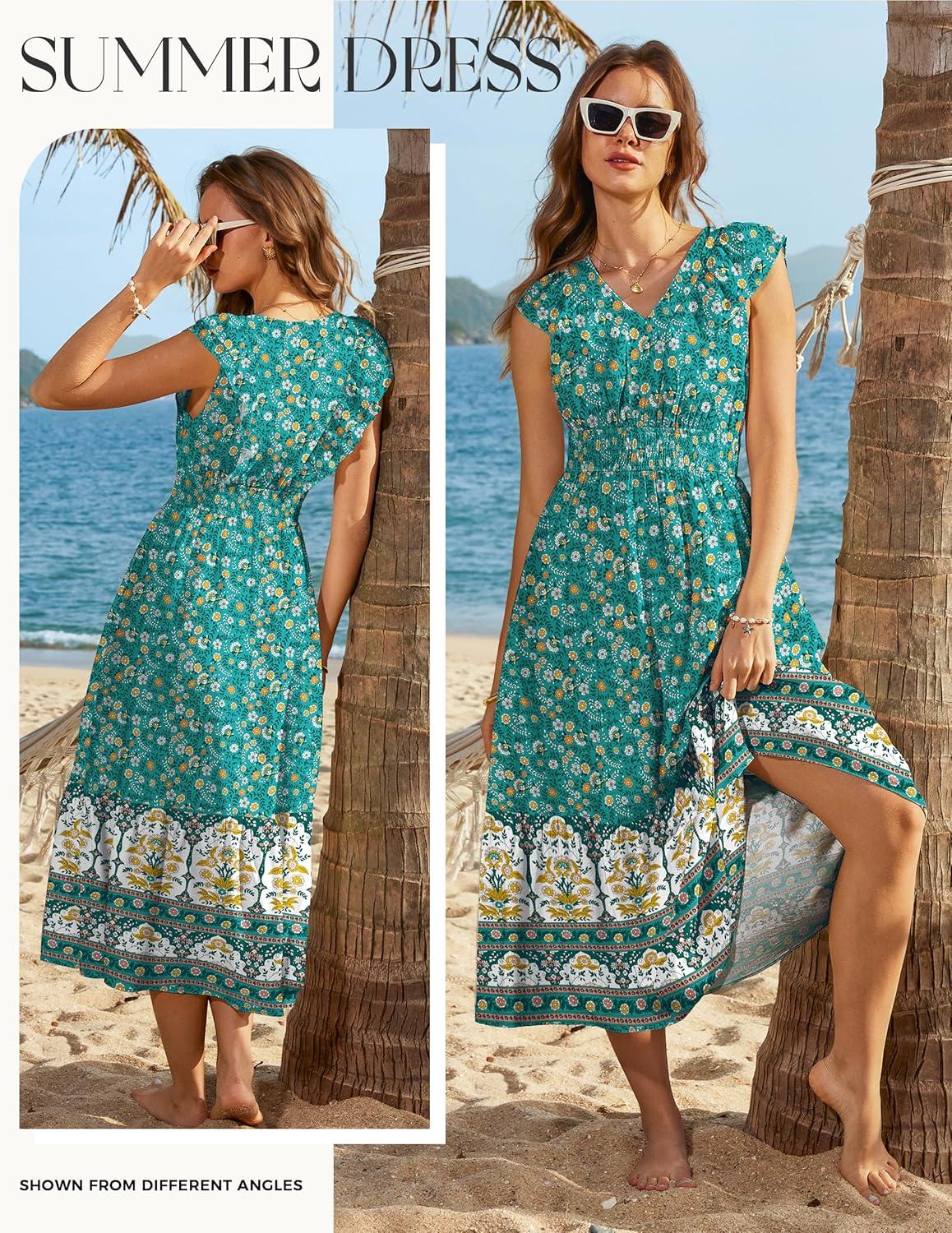 imageGRACE KARIN Womens 2026 Summer Floral Midi DressV Neck Ruffle Cap Sleeve DressesFlowy Wedding Vacation Beach DressesGreen Yellow