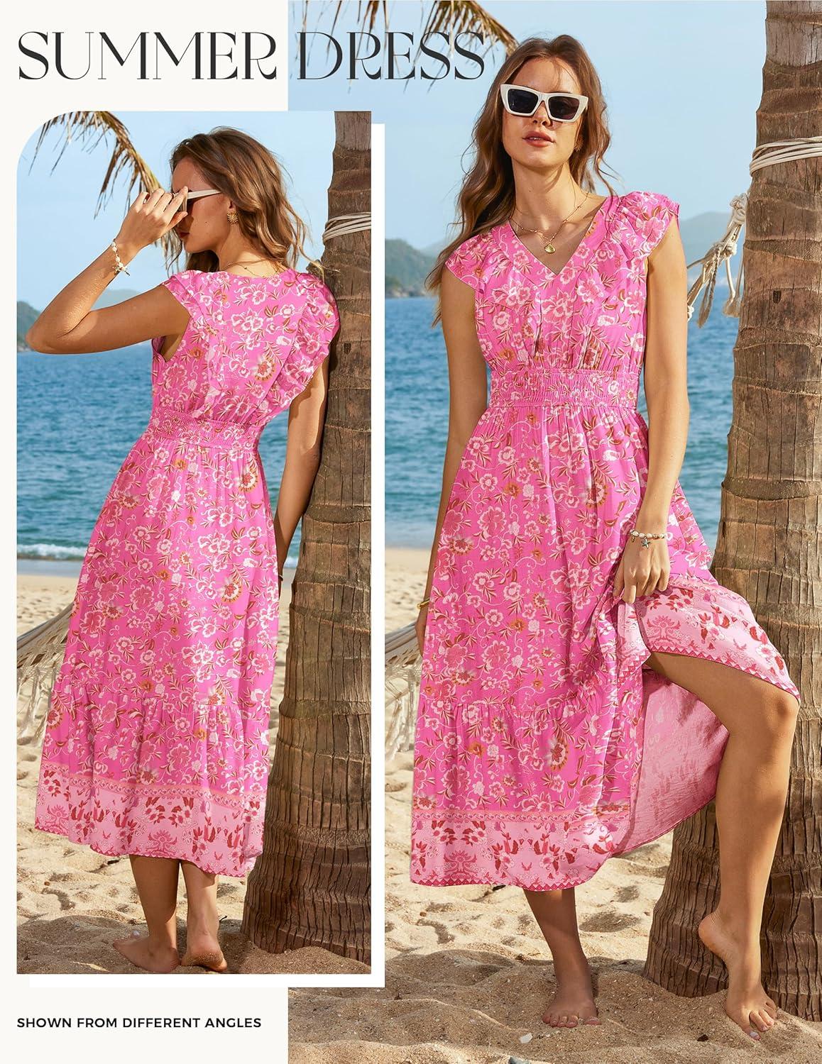 imageGRACE KARIN Womens 2026 Summer Floral Midi DressV Neck Ruffle Cap Sleeve DressesFlowy Wedding Vacation Beach DressesPink Orange