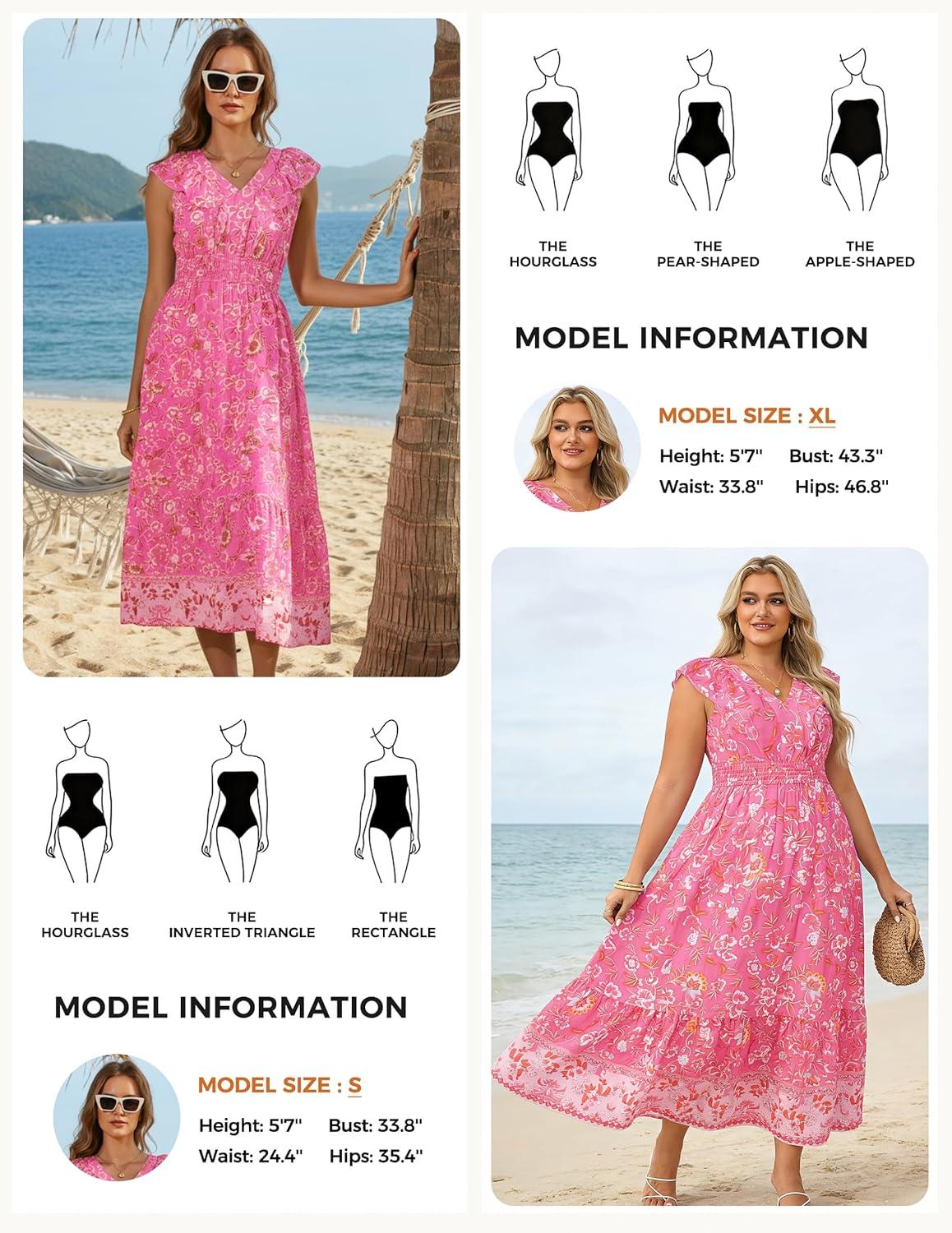 imageGRACE KARIN Womens 2026 Summer Floral Midi DressV Neck Ruffle Cap Sleeve DressesFlowy Wedding Vacation Beach DressesPink Orange