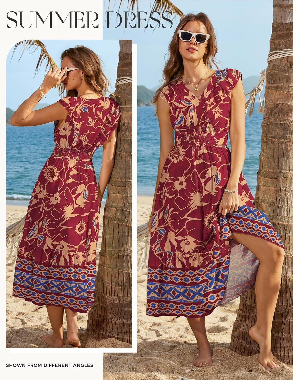imageGRACE KARIN Womens 2026 Summer Floral Midi DressV Neck Ruffle Cap Sleeve DressesFlowy Wedding Vacation Beach DressesRed Yellow