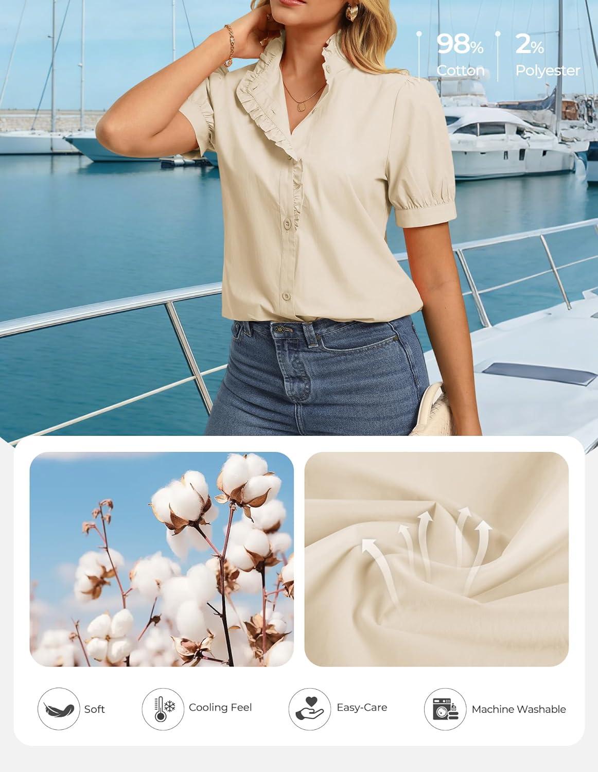 imageGRACE KARIN Womens 2026 Summer Short Sleeve Tops Dressy Casual V Neck Blouses Trendy Button Down Shirts Work OfficeApricot