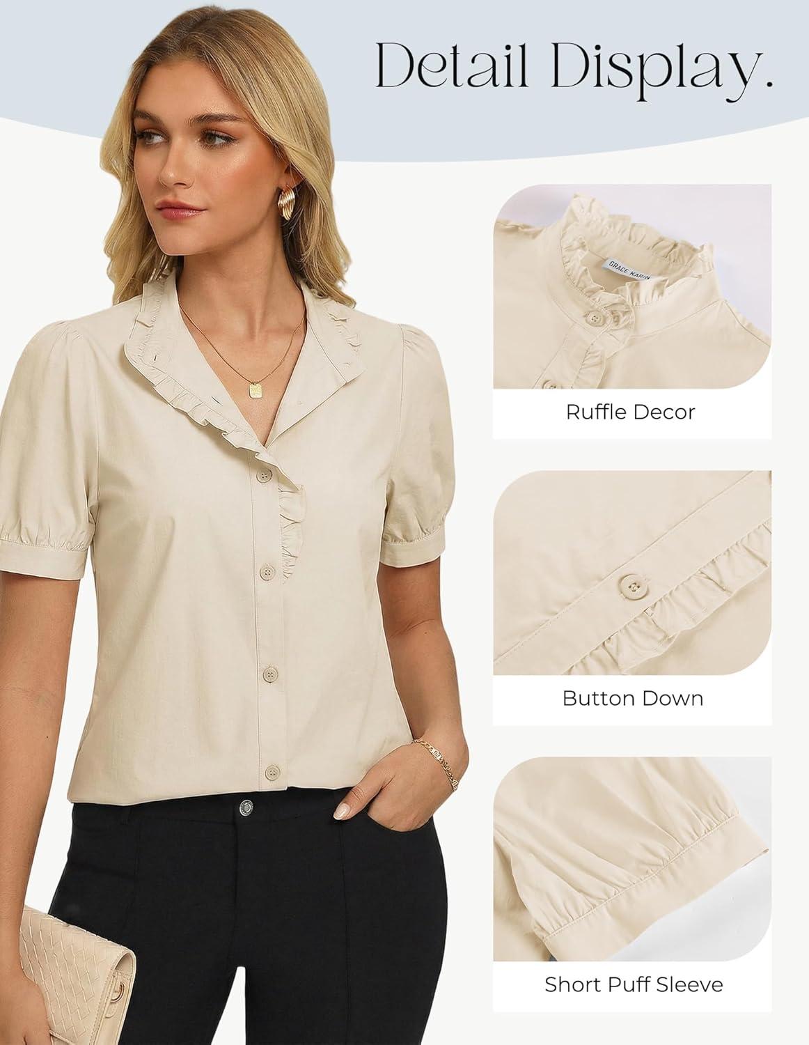 imageGRACE KARIN Womens 2026 Summer Short Sleeve Tops Dressy Casual V Neck Blouses Trendy Button Down Shirts Work OfficeApricot