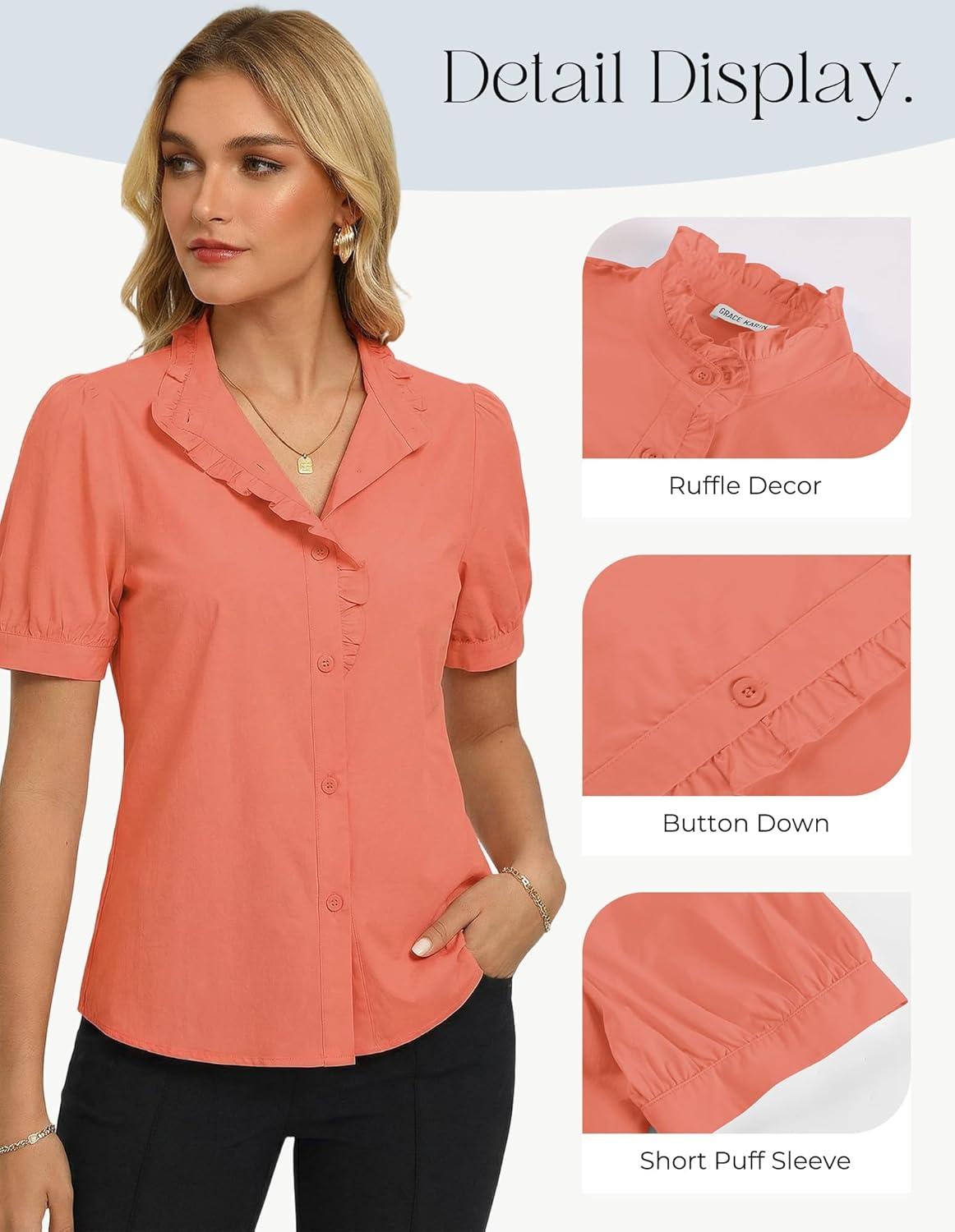 imageGRACE KARIN Womens 2026 Summer Short Sleeve Tops Dressy Casual V Neck Blouses Trendy Button Down Shirts Work OfficeOrange Pink