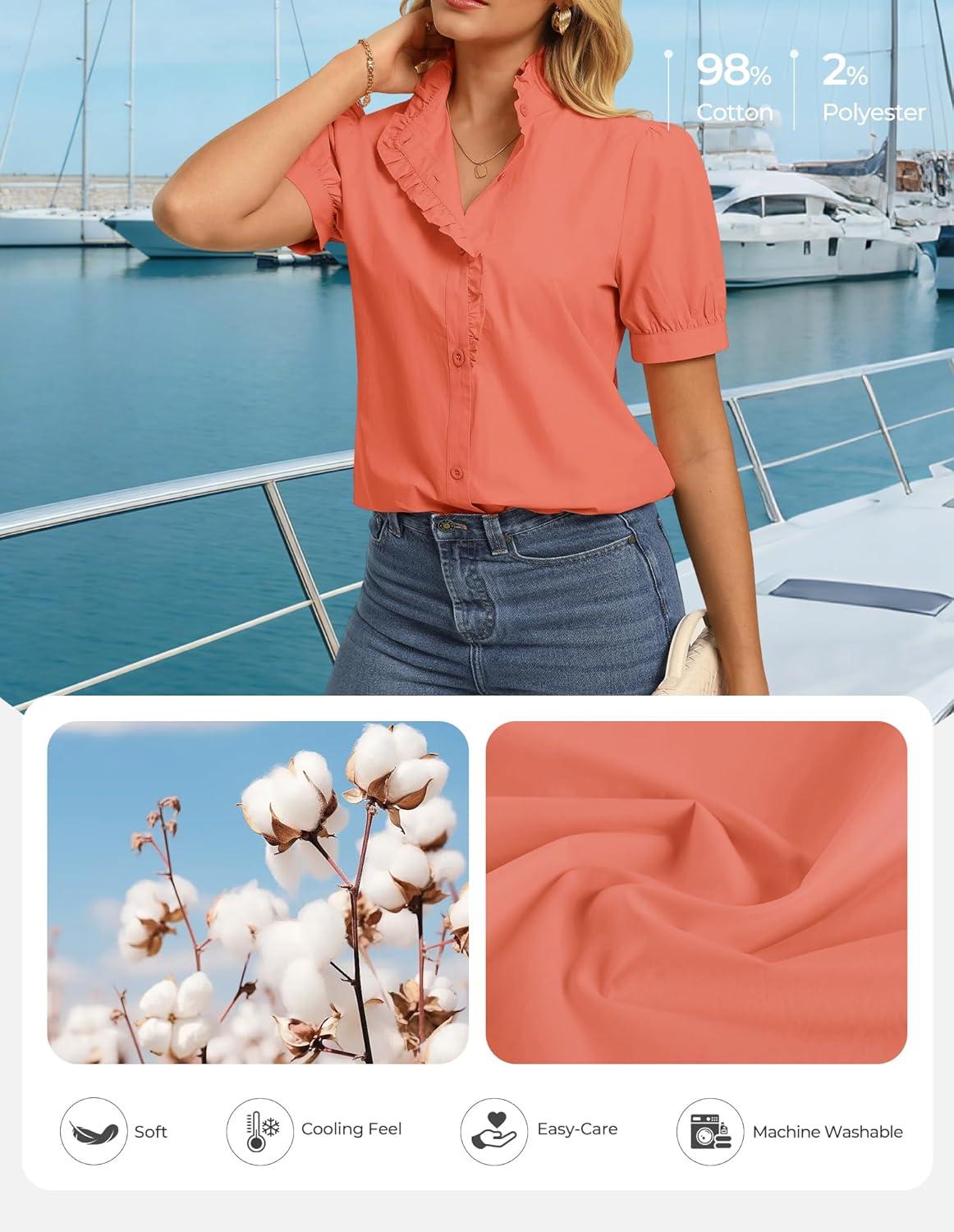 imageGRACE KARIN Womens 2026 Summer Short Sleeve Tops Dressy Casual V Neck Blouses Trendy Button Down Shirts Work OfficeOrange Pink