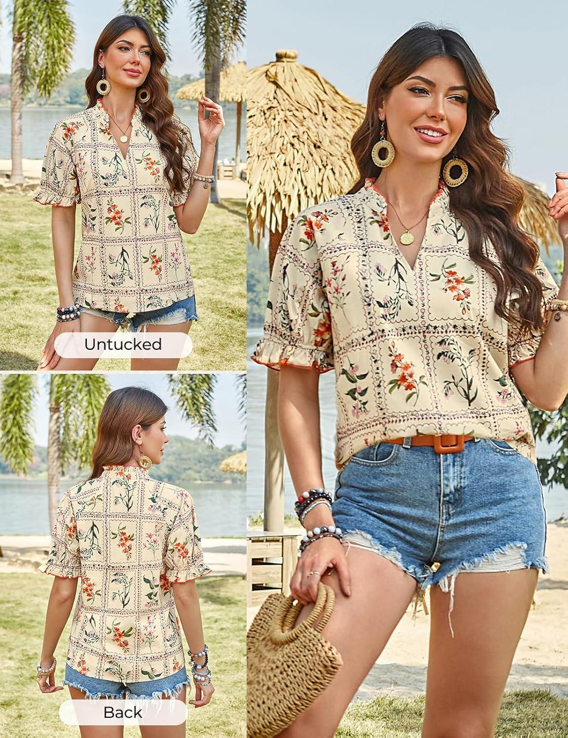 imageGRACE KARIN Womens Boho Summer TopsV Neck Short Sleeve Blouses CasualFloral Print Cotton Shirts Beach Vacation Clothes 2026Beige Plaid Floral