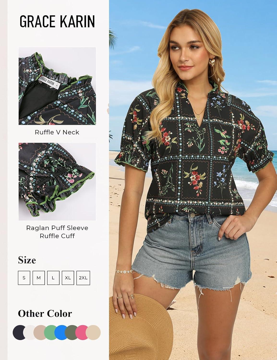 imageGRACE KARIN Womens Boho Summer TopsV Neck Short Sleeve Blouses CasualFloral Print Cotton Shirts Beach Vacation Clothes 2026Black Plaid Floral