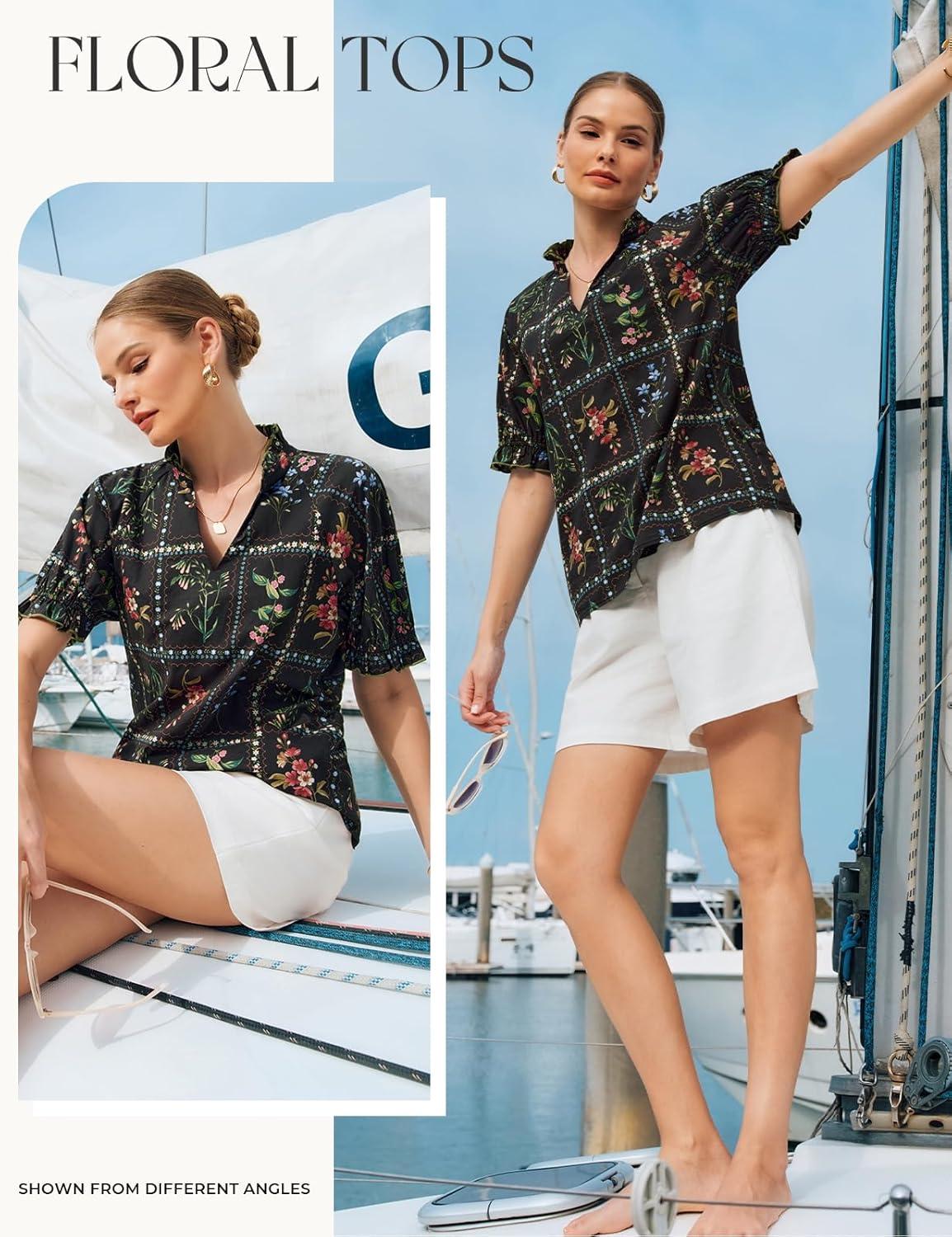 imageGRACE KARIN Womens Boho Summer TopsV Neck Short Sleeve Blouses CasualFloral Print Cotton Shirts Beach Vacation Clothes 2026Black Plaid Floral
