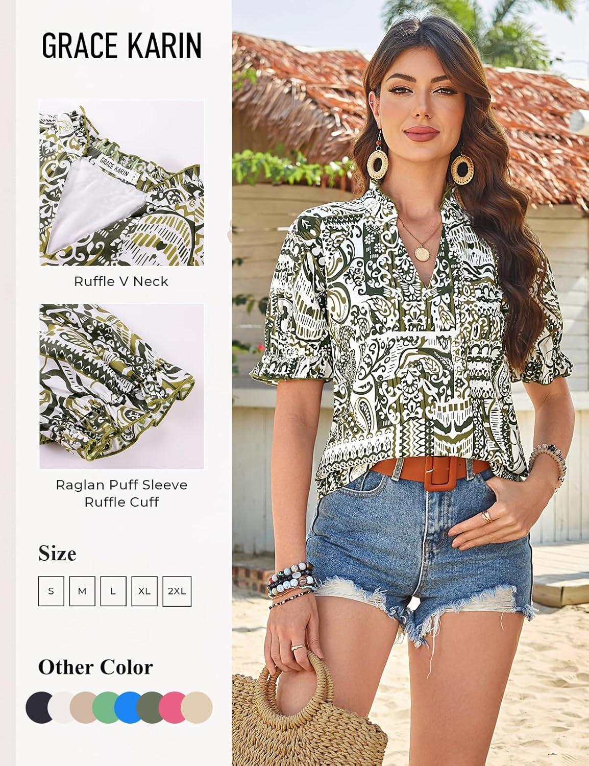 imageGRACE KARIN Womens Boho Summer TopsV Neck Short Sleeve Blouses CasualFloral Print Cotton Shirts Beach Vacation Clothes 2026Green White Folk Floral