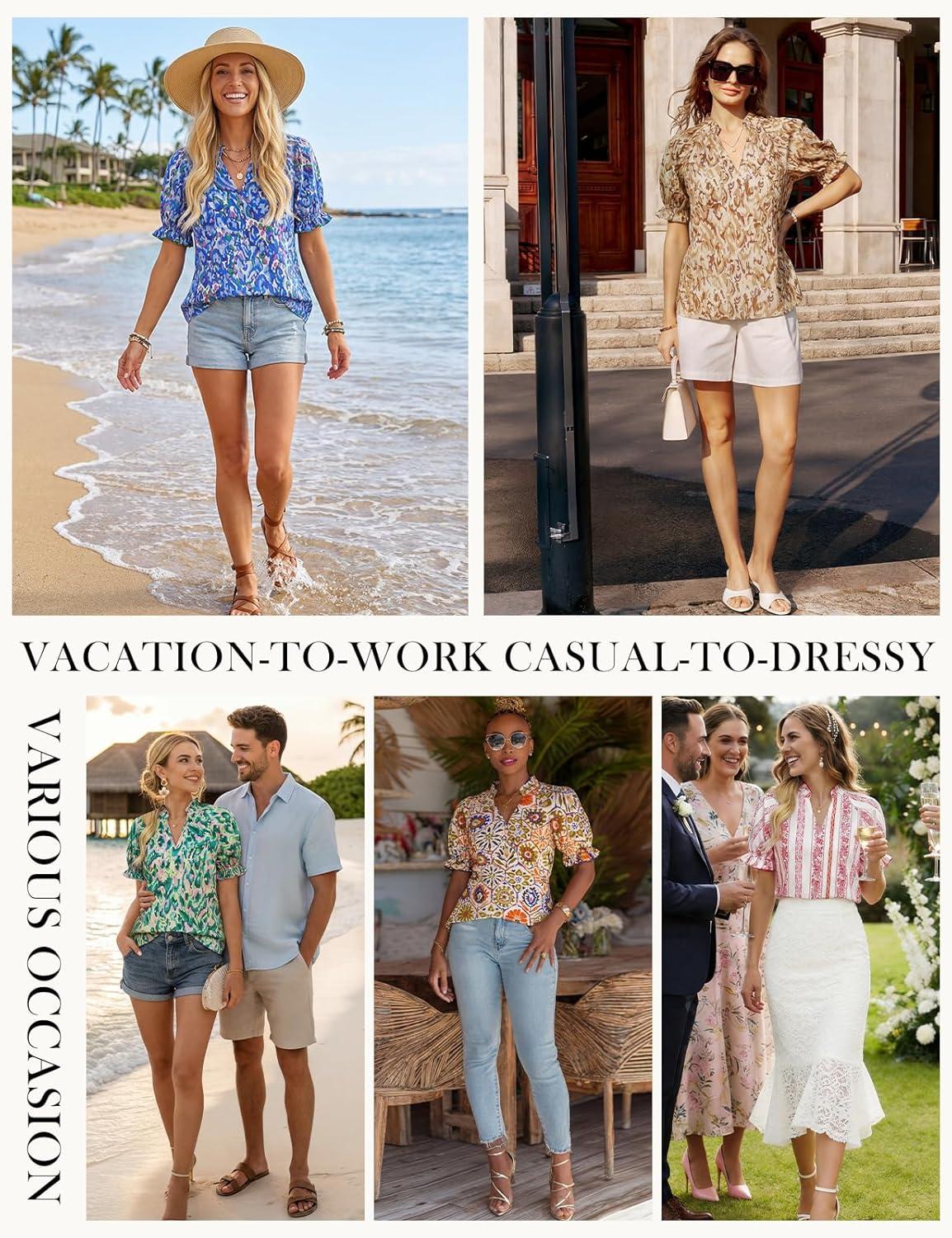 imageGRACE KARIN Womens Boho Summer TopsV Neck Short Sleeve Blouses CasualFloral Print Cotton Shirts Beach Vacation Clothes 2026Green White Folk Floral