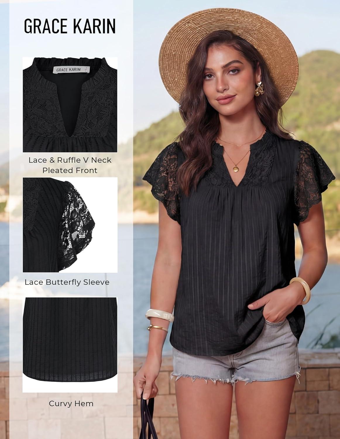 imageGRACE KARIN Womens Lace Short Sleeve Tops Summer Dressy Casual Cotton Blouses Flowy V Neck Dress Shirts Trendy Clothing 2026Black