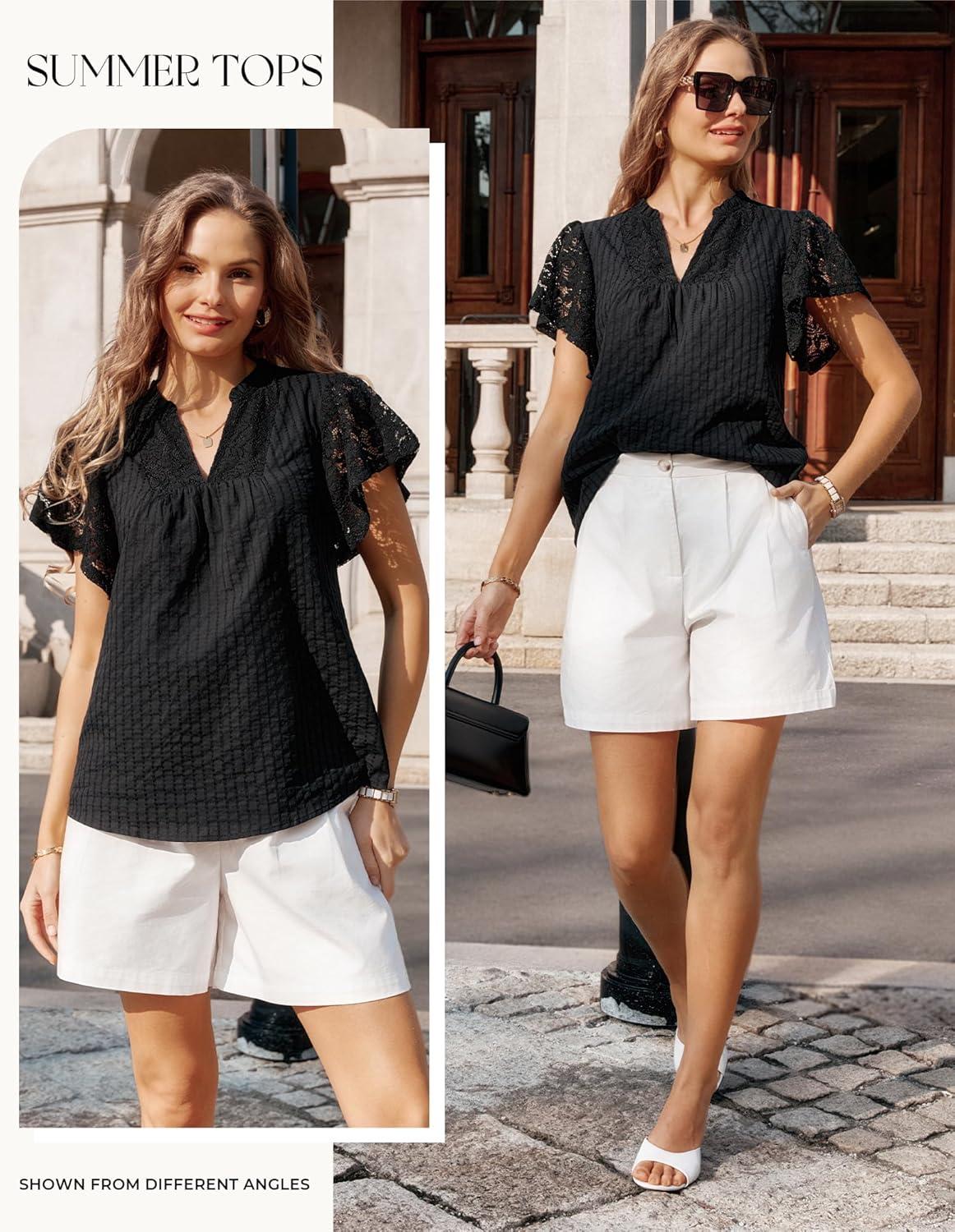 imageGRACE KARIN Womens Lace Short Sleeve Tops Summer Dressy Casual Cotton Blouses Flowy V Neck Dress Shirts Trendy Clothing 2026Black