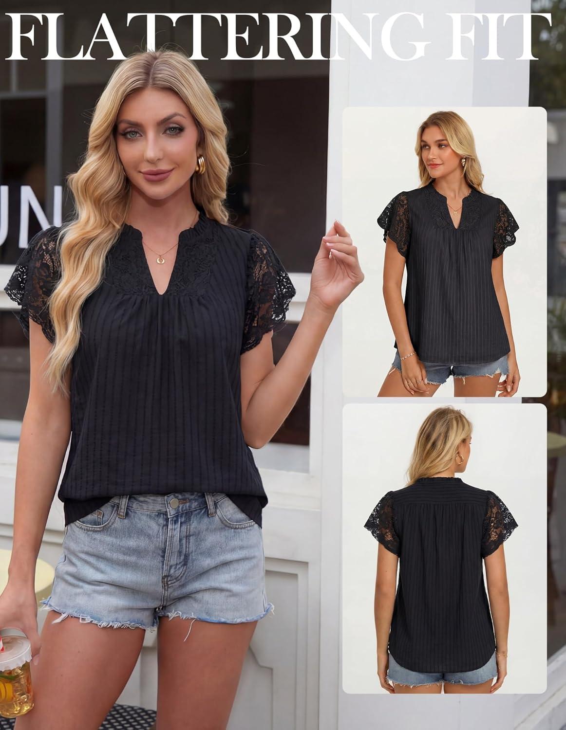imageGRACE KARIN Womens Lace Short Sleeve Tops Summer Dressy Casual Cotton Blouses Flowy V Neck Dress Shirts Trendy Clothing 2026Black