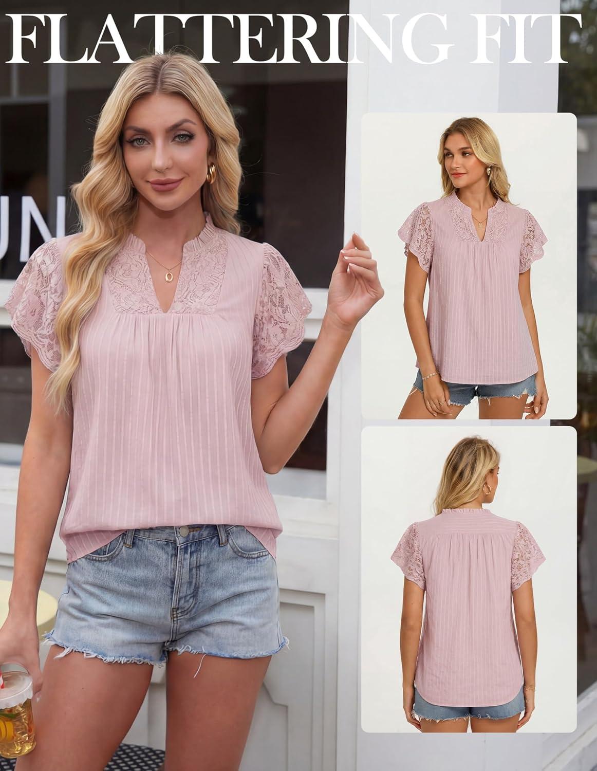 imageGRACE KARIN Womens Lace Short Sleeve Tops Summer Dressy Casual Cotton Blouses Flowy V Neck Dress Shirts Trendy Clothing 2026Dusty Pink