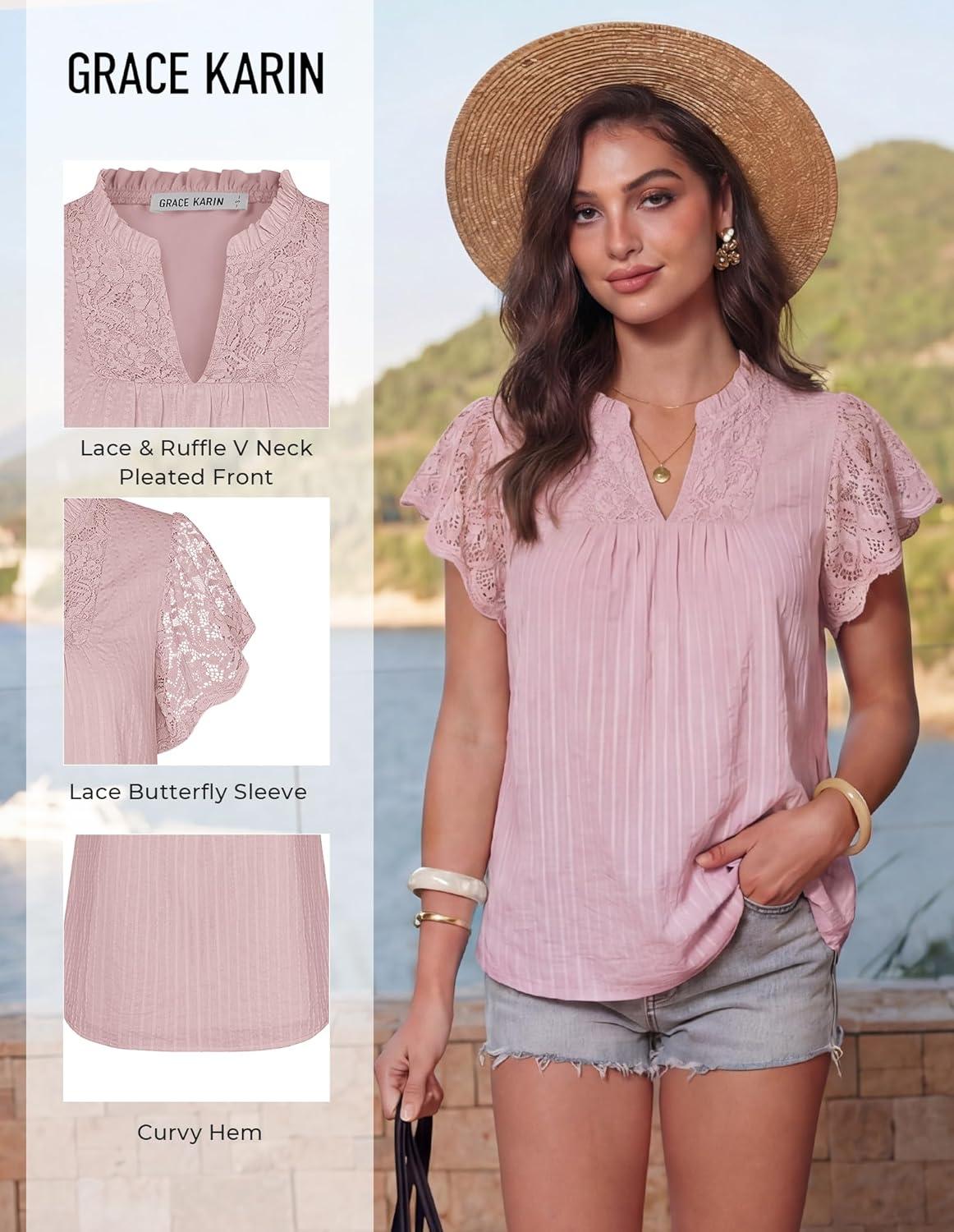 imageGRACE KARIN Womens Lace Short Sleeve Tops Summer Dressy Casual Cotton Blouses Flowy V Neck Dress Shirts Trendy Clothing 2026Dusty Pink