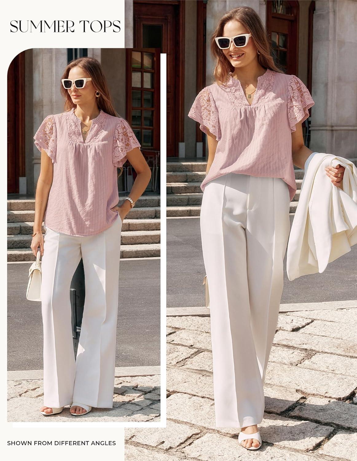 imageGRACE KARIN Womens Lace Short Sleeve Tops Summer Dressy Casual Cotton Blouses Flowy V Neck Dress Shirts Trendy Clothing 2026Dusty Pink
