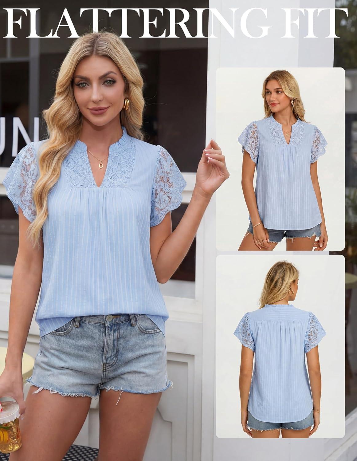 imageGRACE KARIN Womens Lace Short Sleeve Tops Summer Dressy Casual Cotton Blouses Flowy V Neck Dress Shirts Trendy Clothing 2026Light Blue