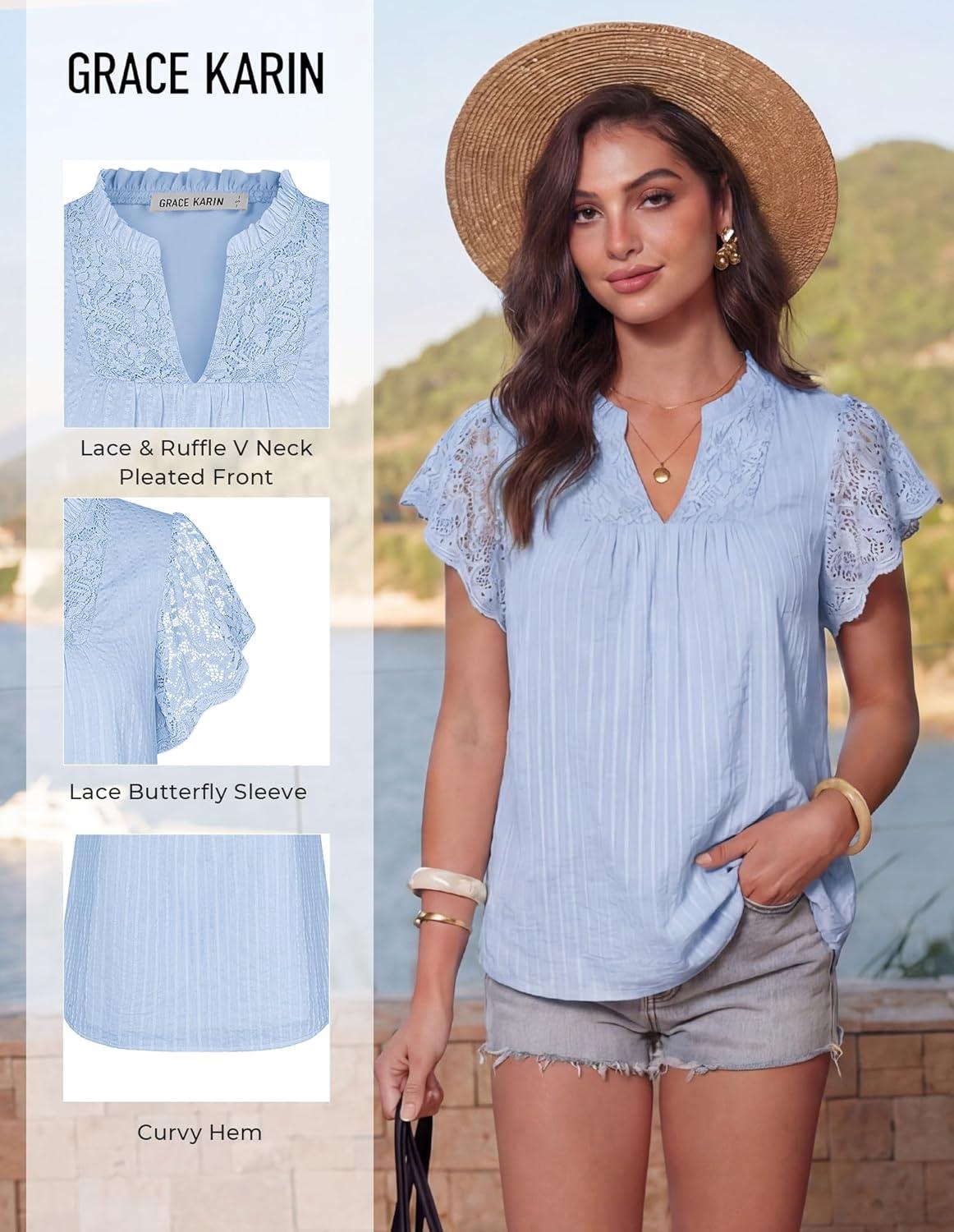 imageGRACE KARIN Womens Lace Short Sleeve Tops Summer Dressy Casual Cotton Blouses Flowy V Neck Dress Shirts Trendy Clothing 2026Light Blue