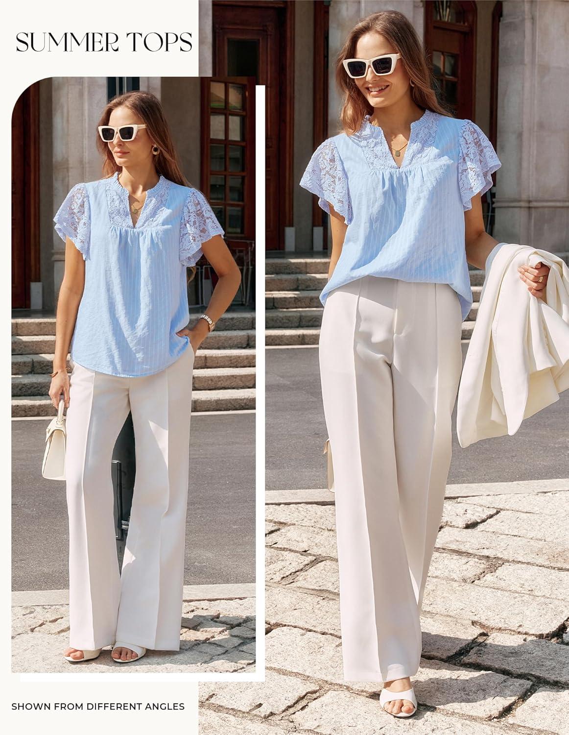 imageGRACE KARIN Womens Lace Short Sleeve Tops Summer Dressy Casual Cotton Blouses Flowy V Neck Dress Shirts Trendy Clothing 2026Light Blue
