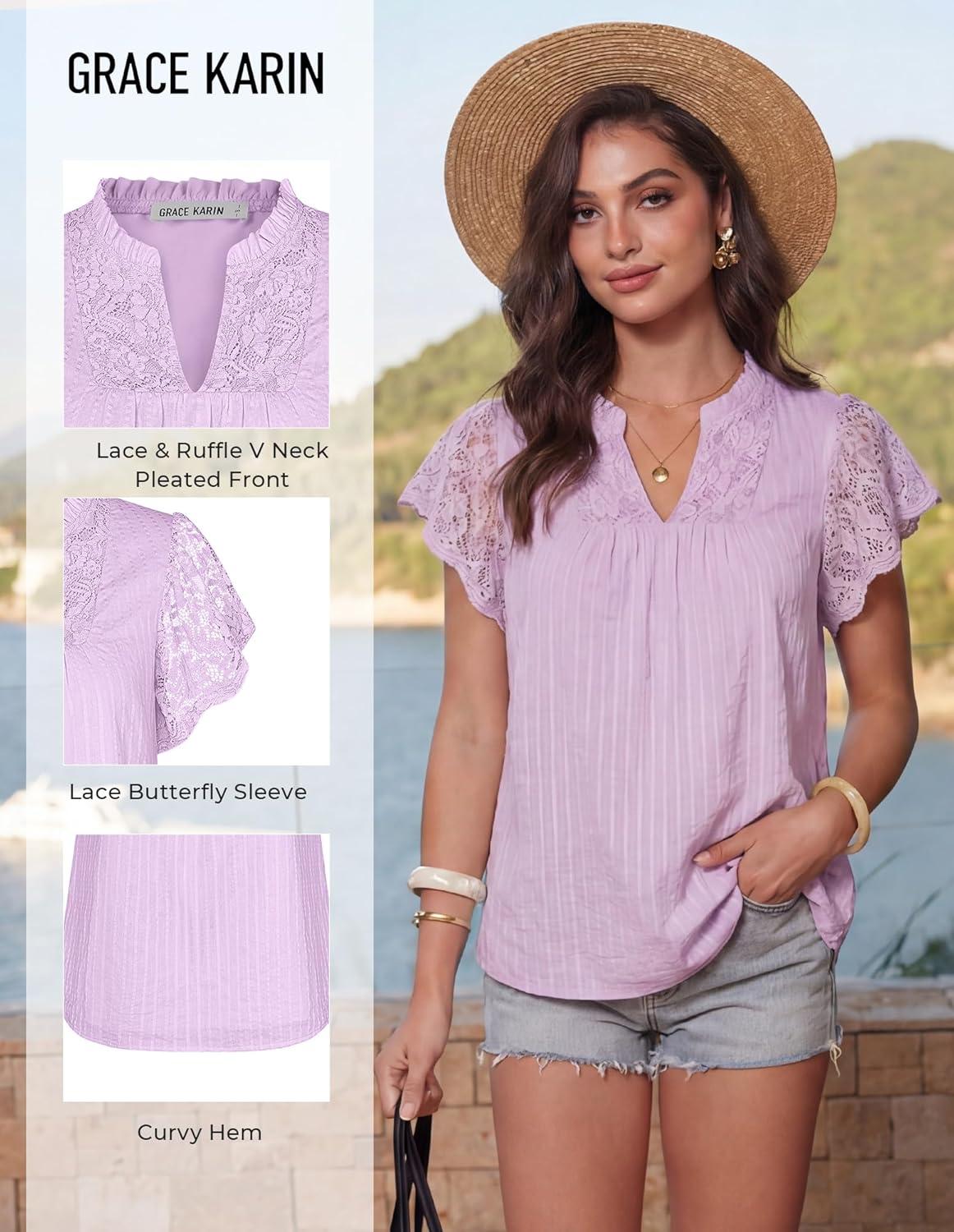 imageGRACE KARIN Womens Lace Short Sleeve Tops Summer Dressy Casual Cotton Blouses Flowy V Neck Dress Shirts Trendy Clothing 2026Purple