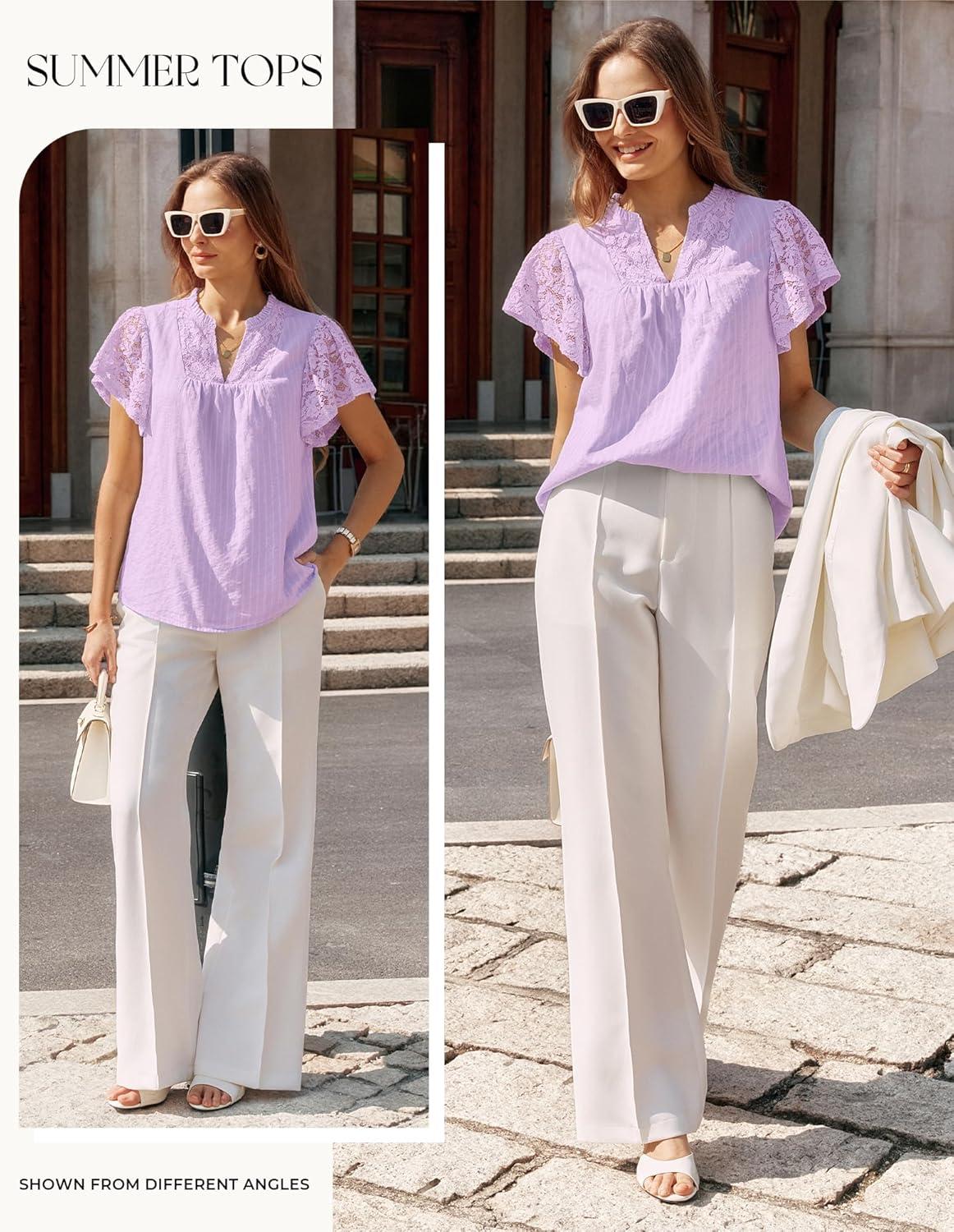 imageGRACE KARIN Womens Lace Short Sleeve Tops Summer Dressy Casual Cotton Blouses Flowy V Neck Dress Shirts Trendy Clothing 2026Purple