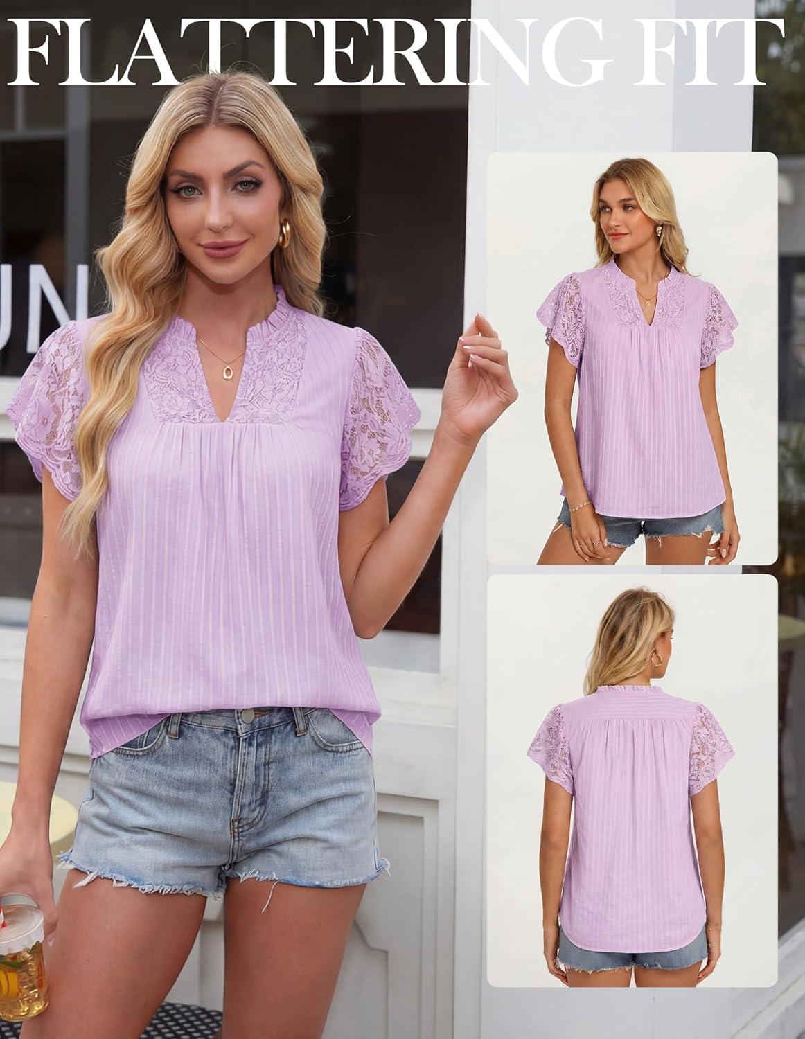 imageGRACE KARIN Womens Lace Short Sleeve Tops Summer Dressy Casual Cotton Blouses Flowy V Neck Dress Shirts Trendy Clothing 2026Purple