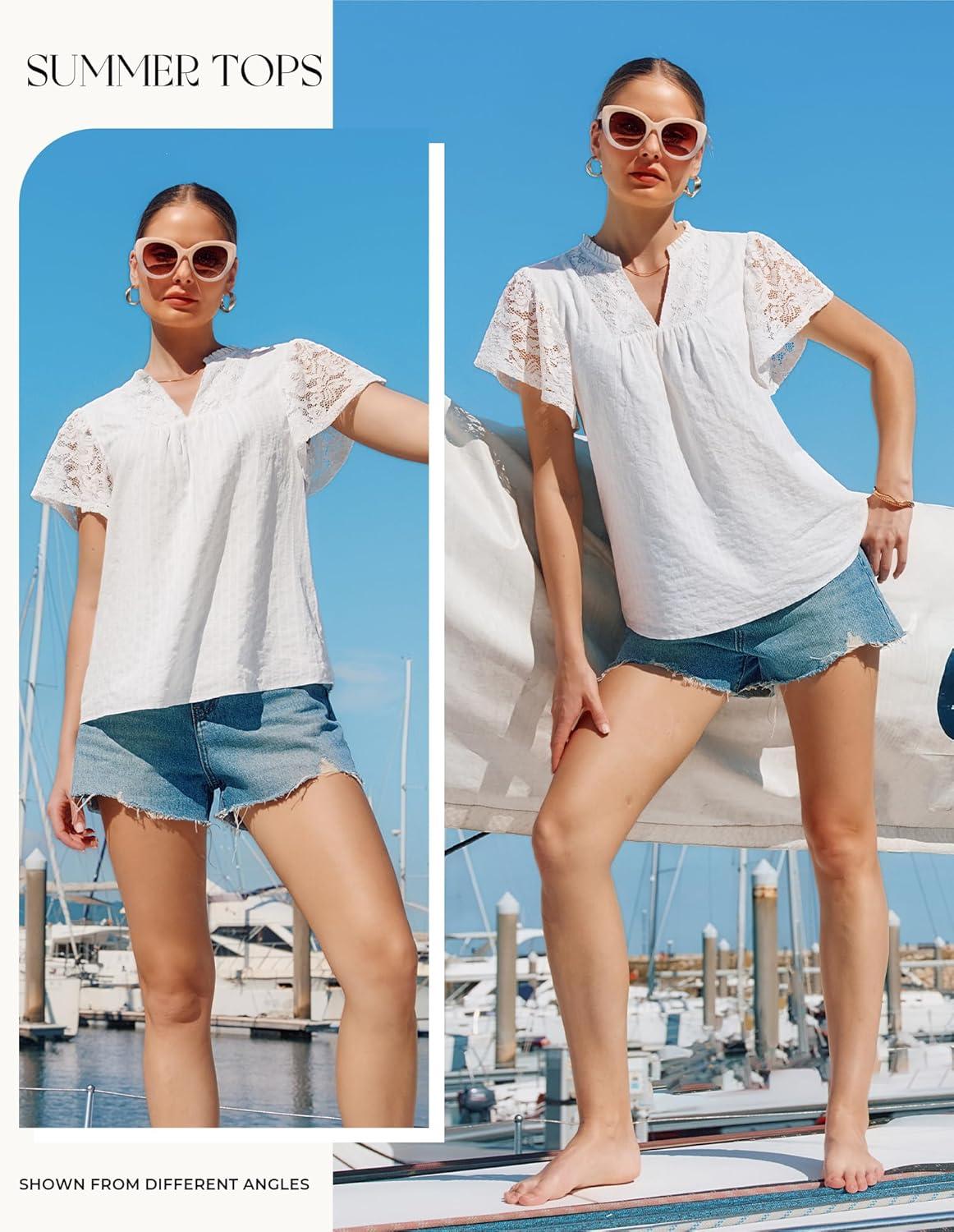 imageGRACE KARIN Womens Lace Short Sleeve Tops Summer Dressy Casual Cotton Blouses Flowy V Neck Dress Shirts Trendy Clothing 2026White